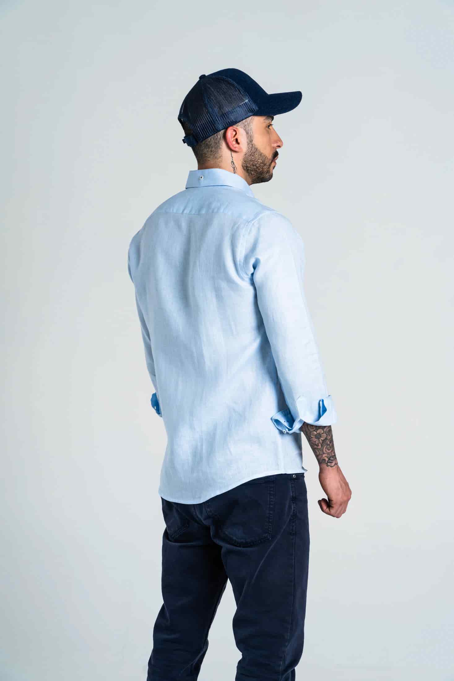 Camisa Botón Contraste Lino Azul Bebé - miniatura 6