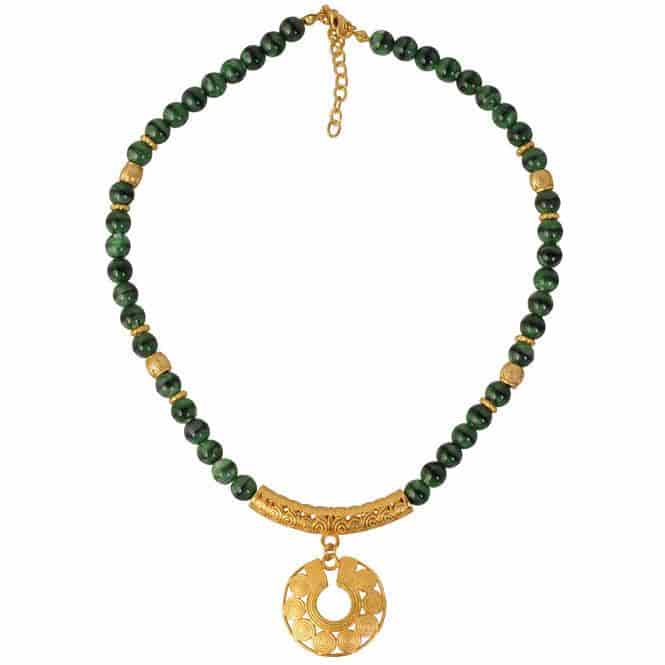 Collar Cristal Checo Verde 8mm, Dije Mediano Nariguera de Círculos Quimbaya - miniatura 1