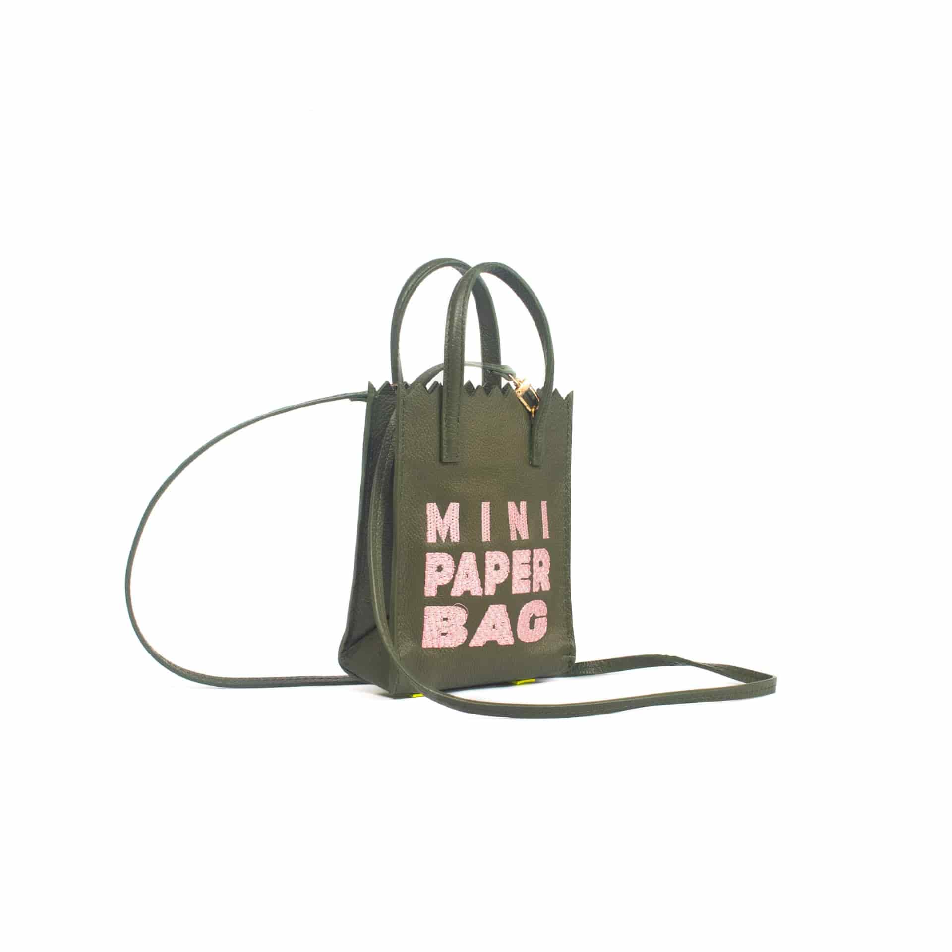 Mini Paper Bag - Olive Green - Pink Embroidery - miniatura 2