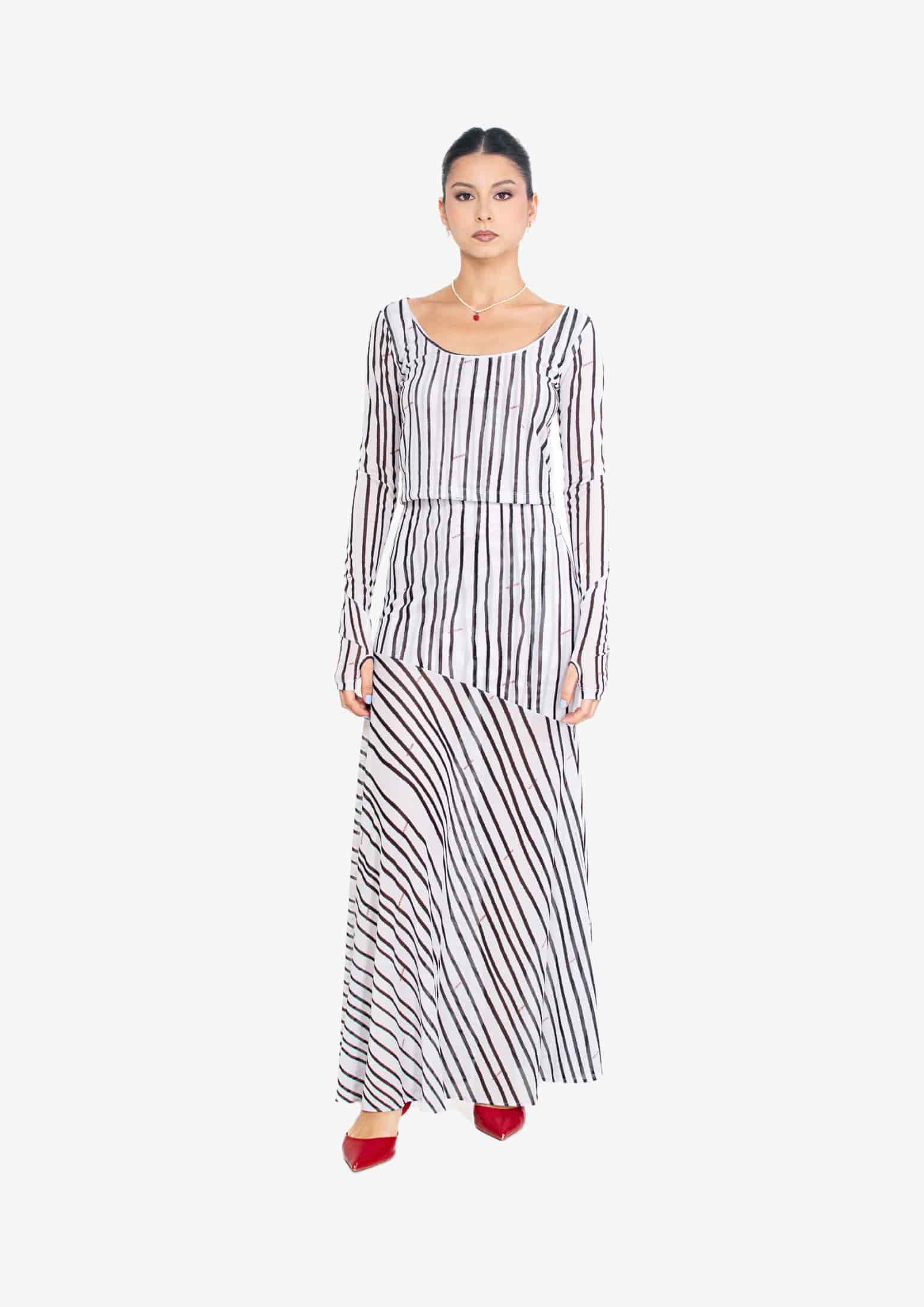White Stripes Mesh Long Sleeve Blouse - miniatura 4