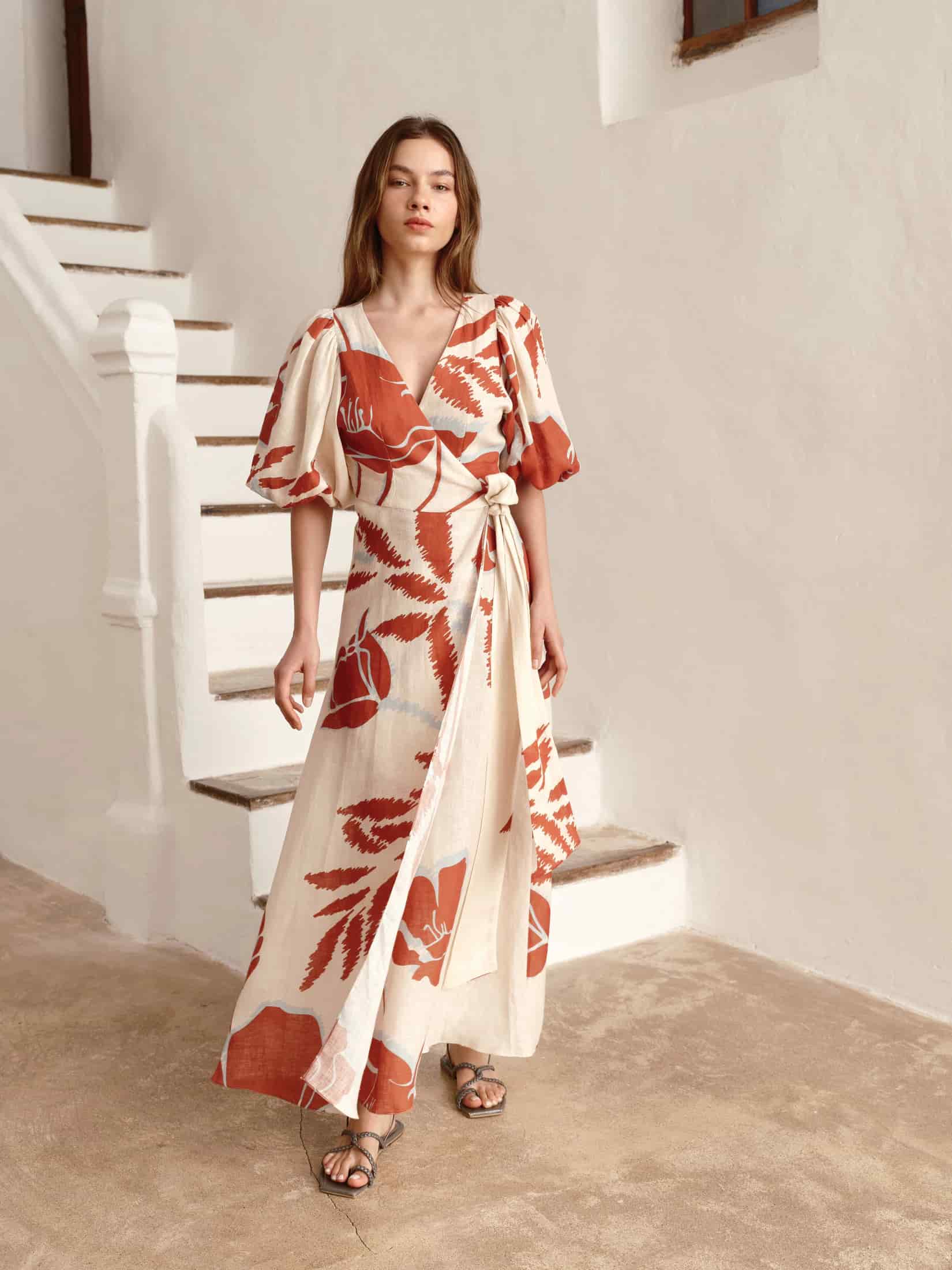 Ermita Linen Midi Dress / Ecru - Orange Gladiolos - miniatura 1