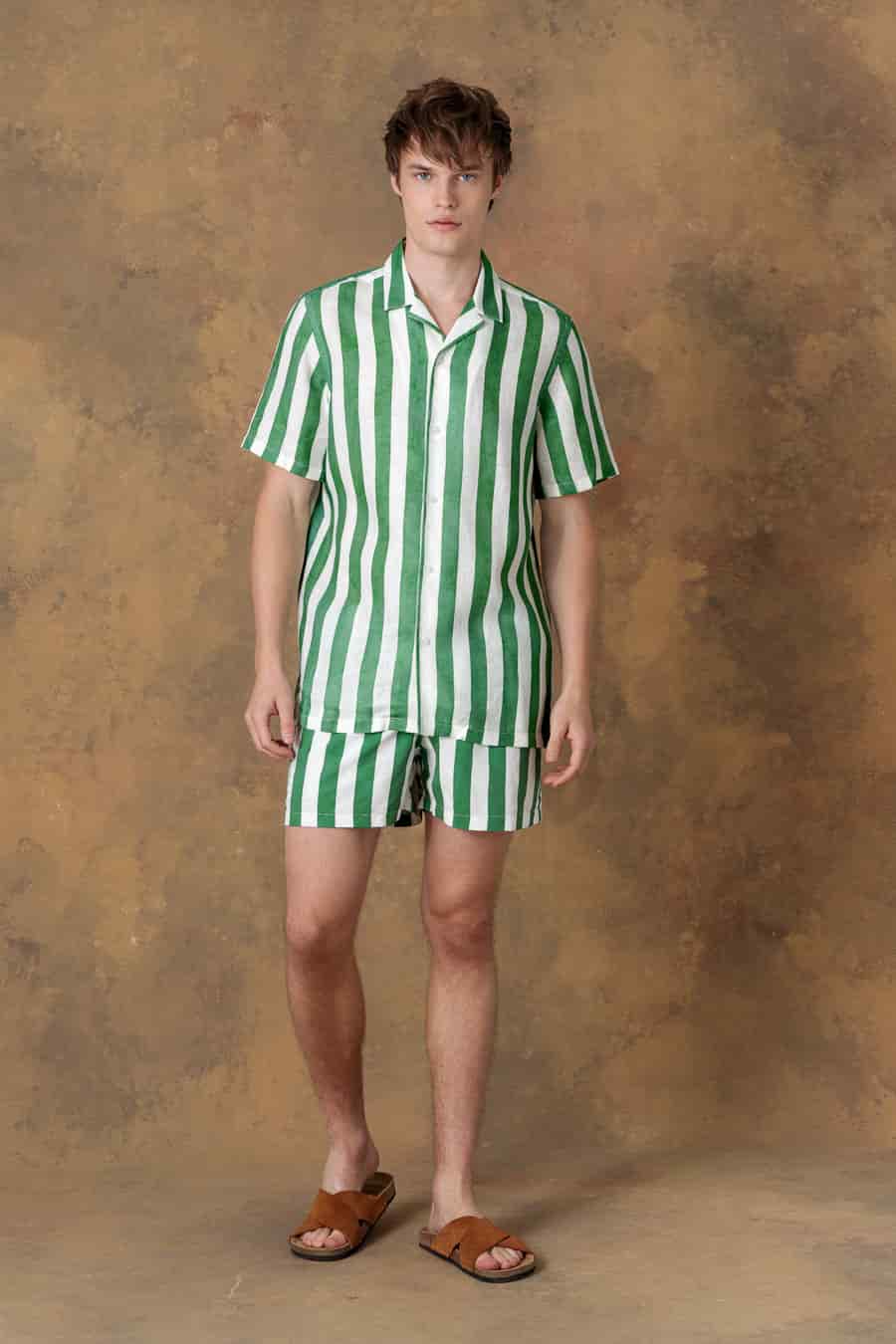 Men's linen shirt bowling spina striped green - miniatura 1