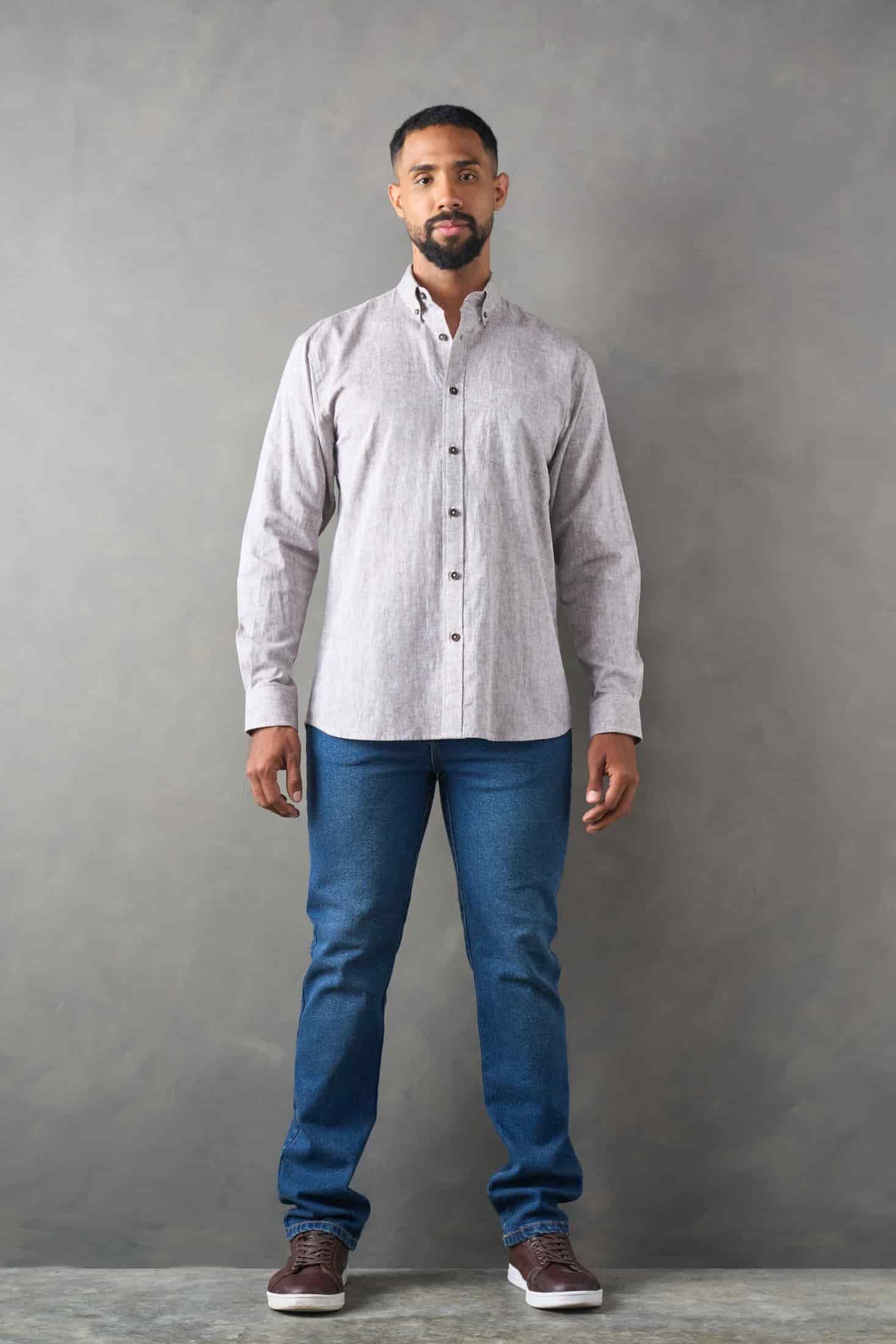 Camisa manga larga regular fit café Lino / Algodón - miniatura 4