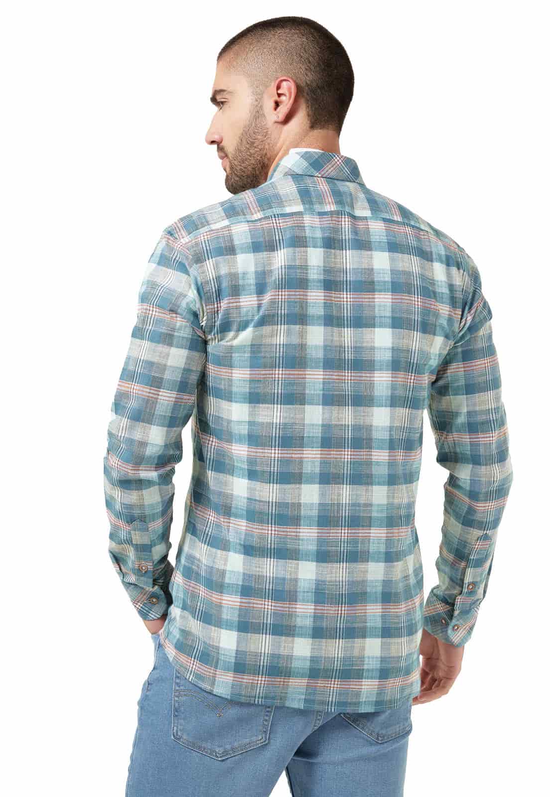 Camisa leñadora verde con tonos azules y blanco doble bolsillo - miniatura 2