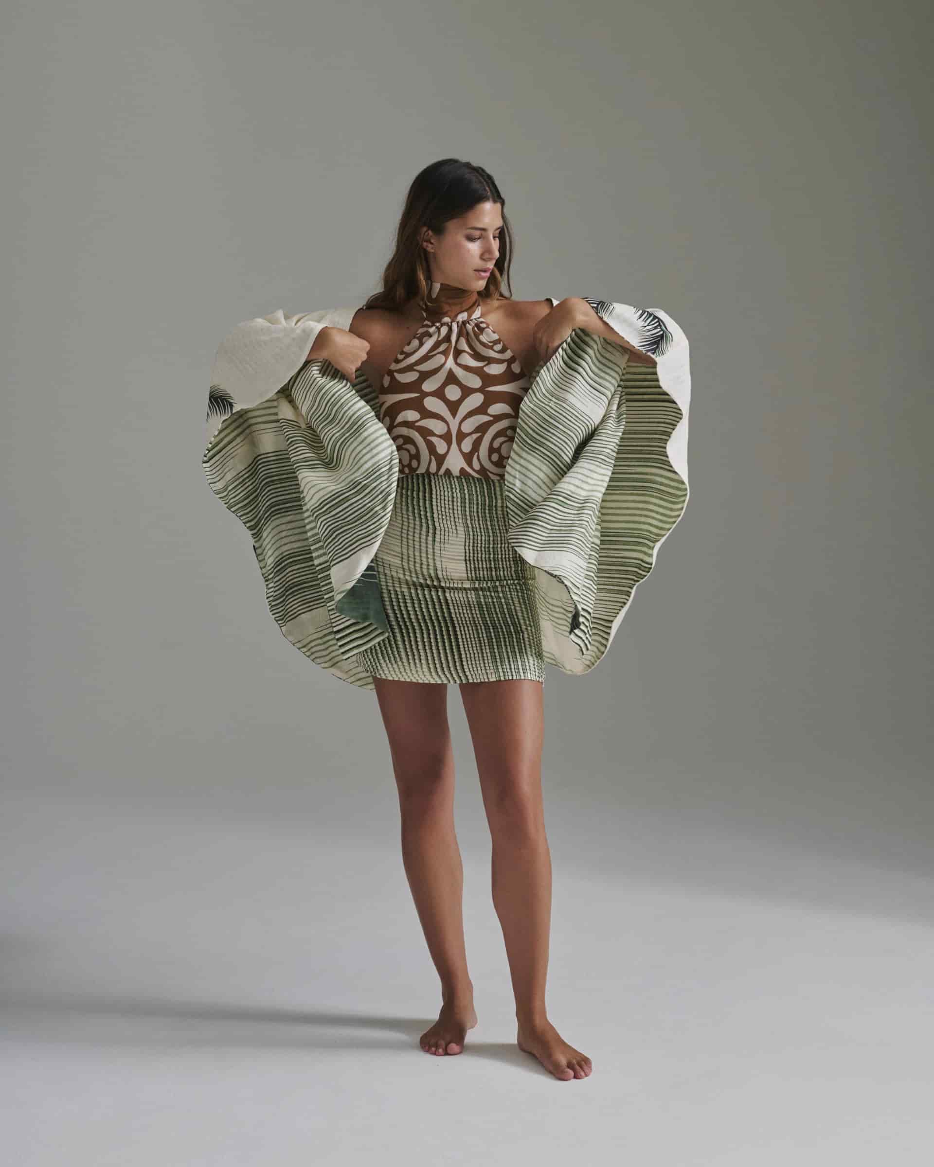 Bianca Pleated Linen Mini Skirt / Green Stripes - miniatura 4
