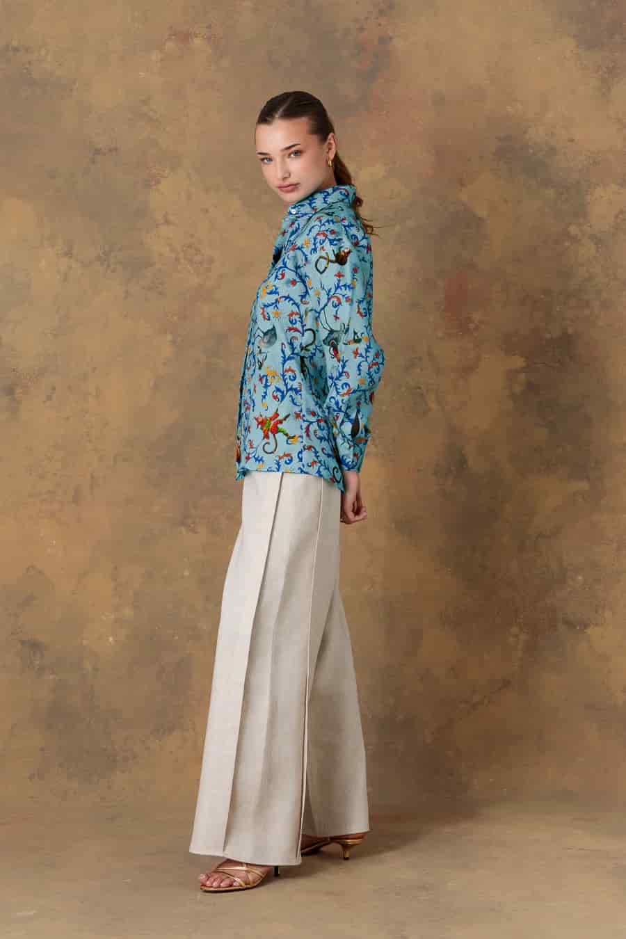 Women's shirt linen delphos turquoise - miniatura 3