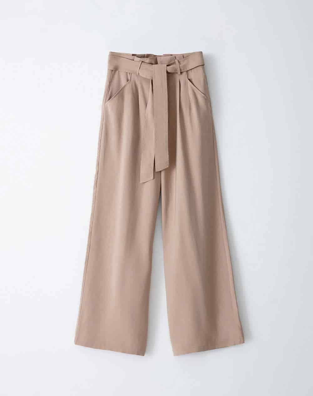 Pantalón palazzo tiro alto pliegues delanteros y cinturón caqui para mujer - miniatura 1