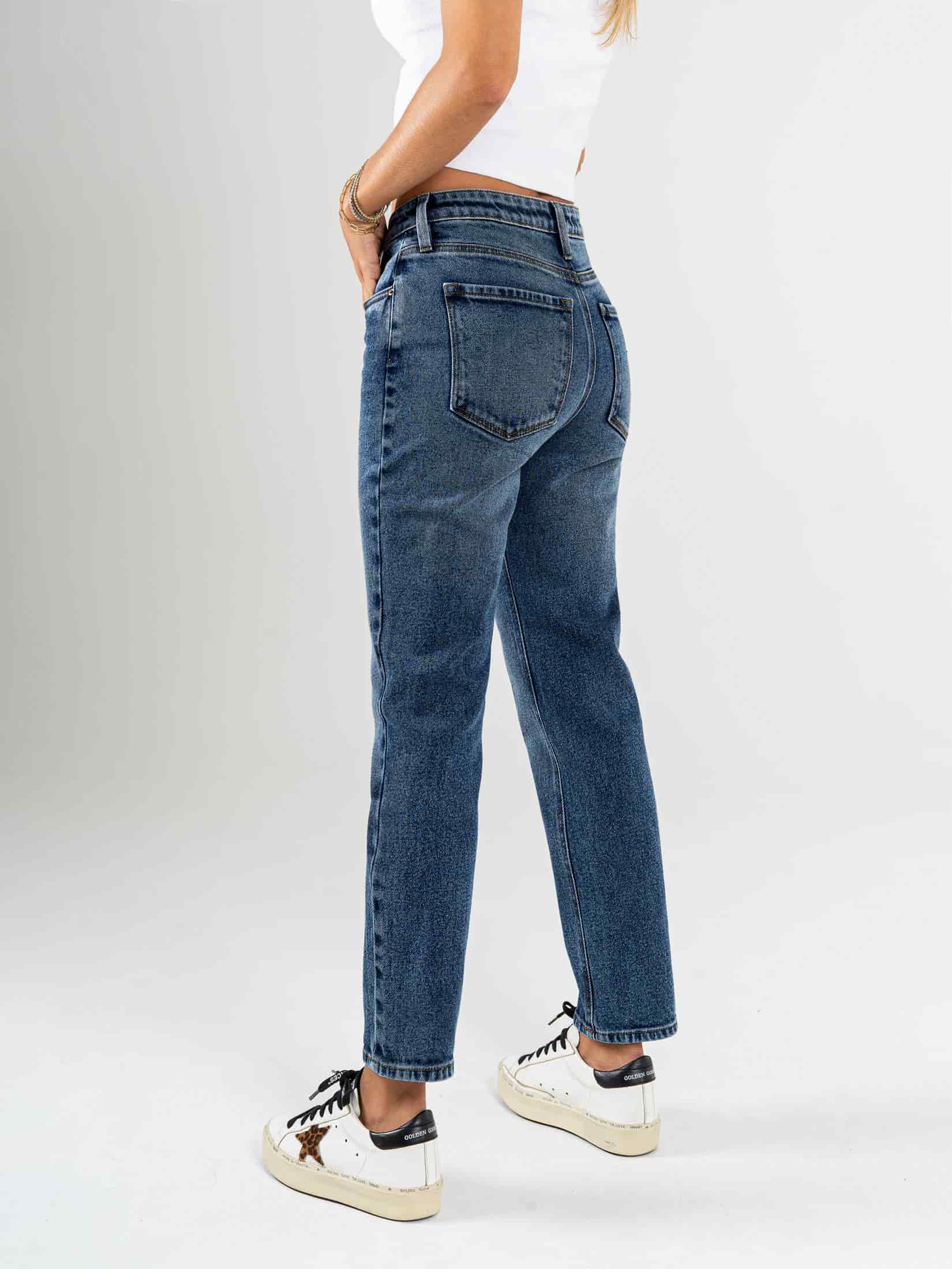 Ref: 065802 Jean Mom fit, slim cropped, stretch, tiro alto, tono azul medio oscuro - miniatura 2