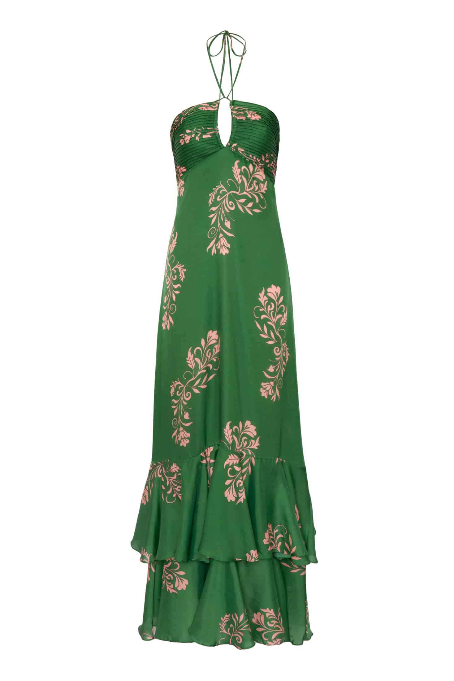 Sevillana Cotton Silk Maxi Dress / Green Buganvilias - miniatura 1