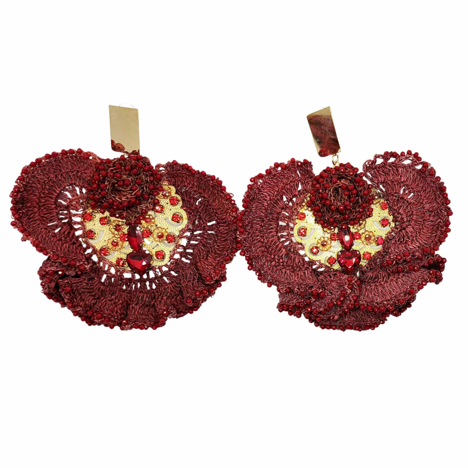 Red & Gold Embroidery Round Earrings - miniatura 1