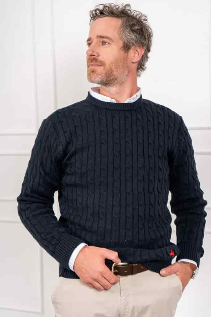 Suéter trenzado cuello redondo Hombre Azul oscuro - miniatura 7