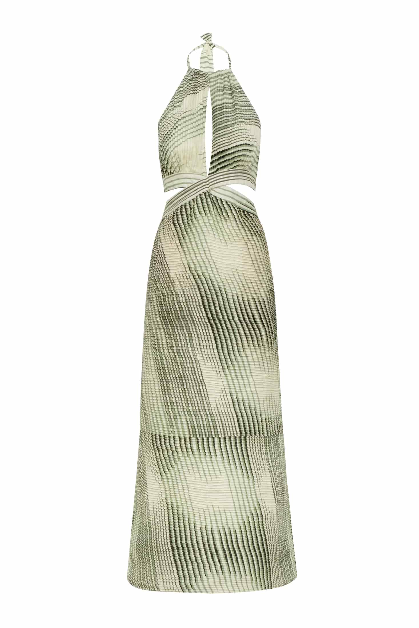 San Agustin Pleated Linen Midi Dress / Green Stripes - miniatura 2