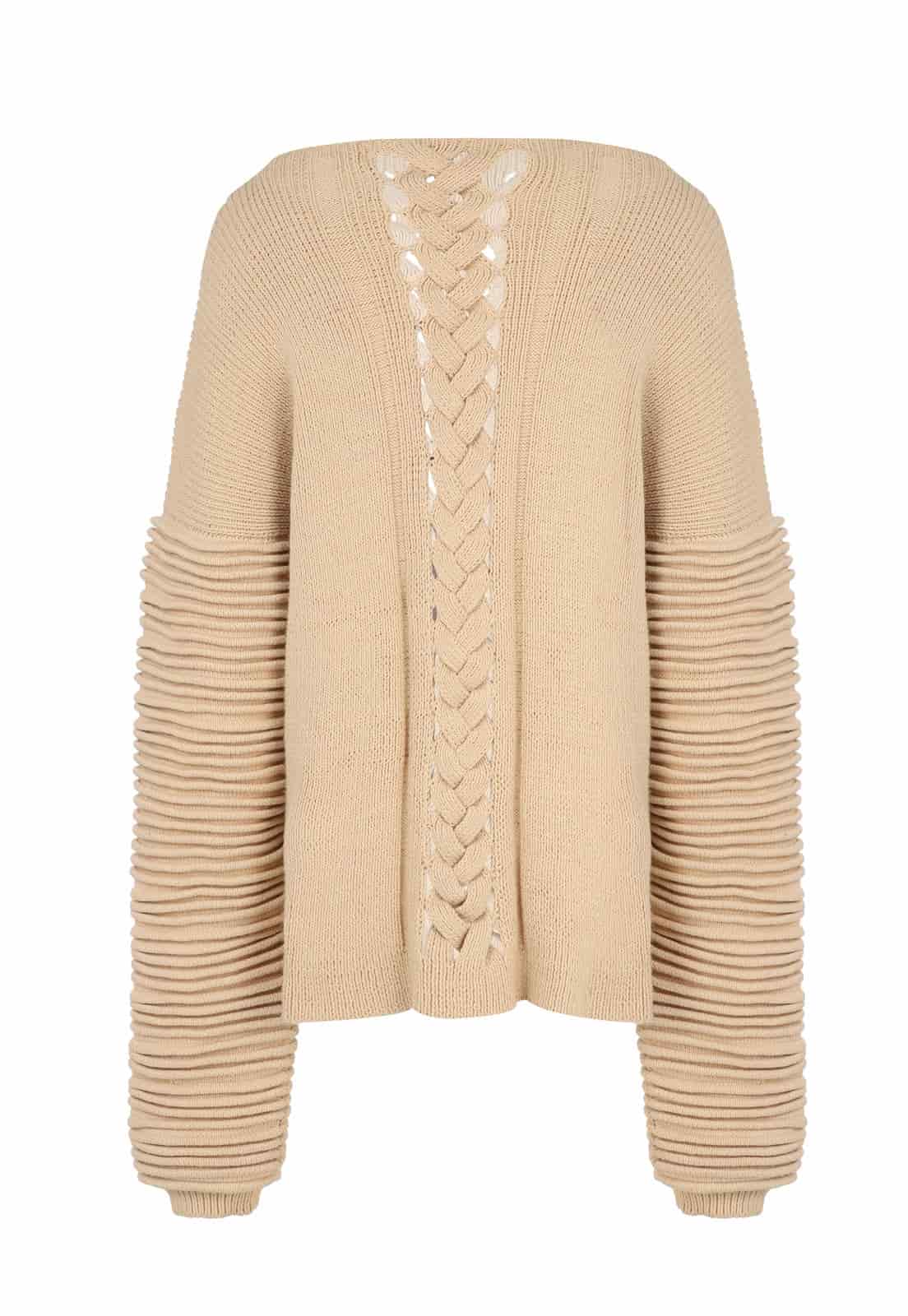 FLAT BRAIDED KNITTED SWEATER WITH ACCORDION SLEEVES - miniatura 3