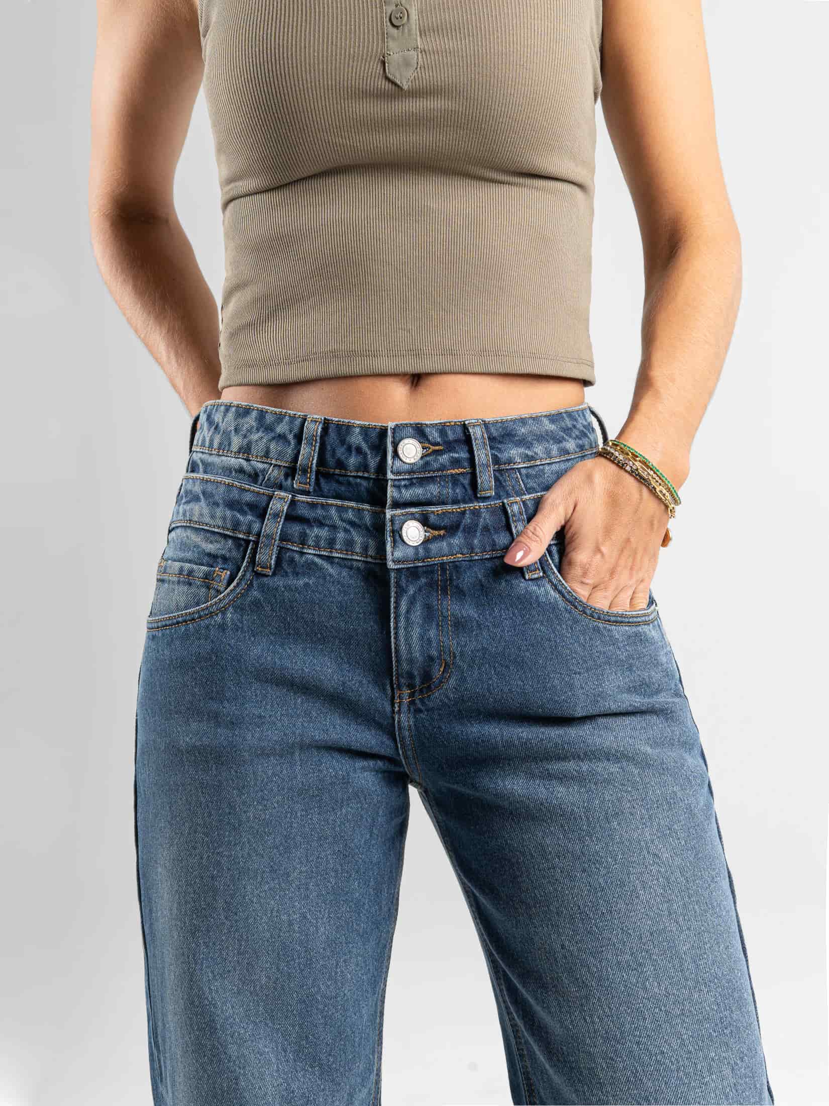 Ref: 066502 Jean mom flare, rígido, detalle en pretina, tono azul medio oscuro - miniatura 2