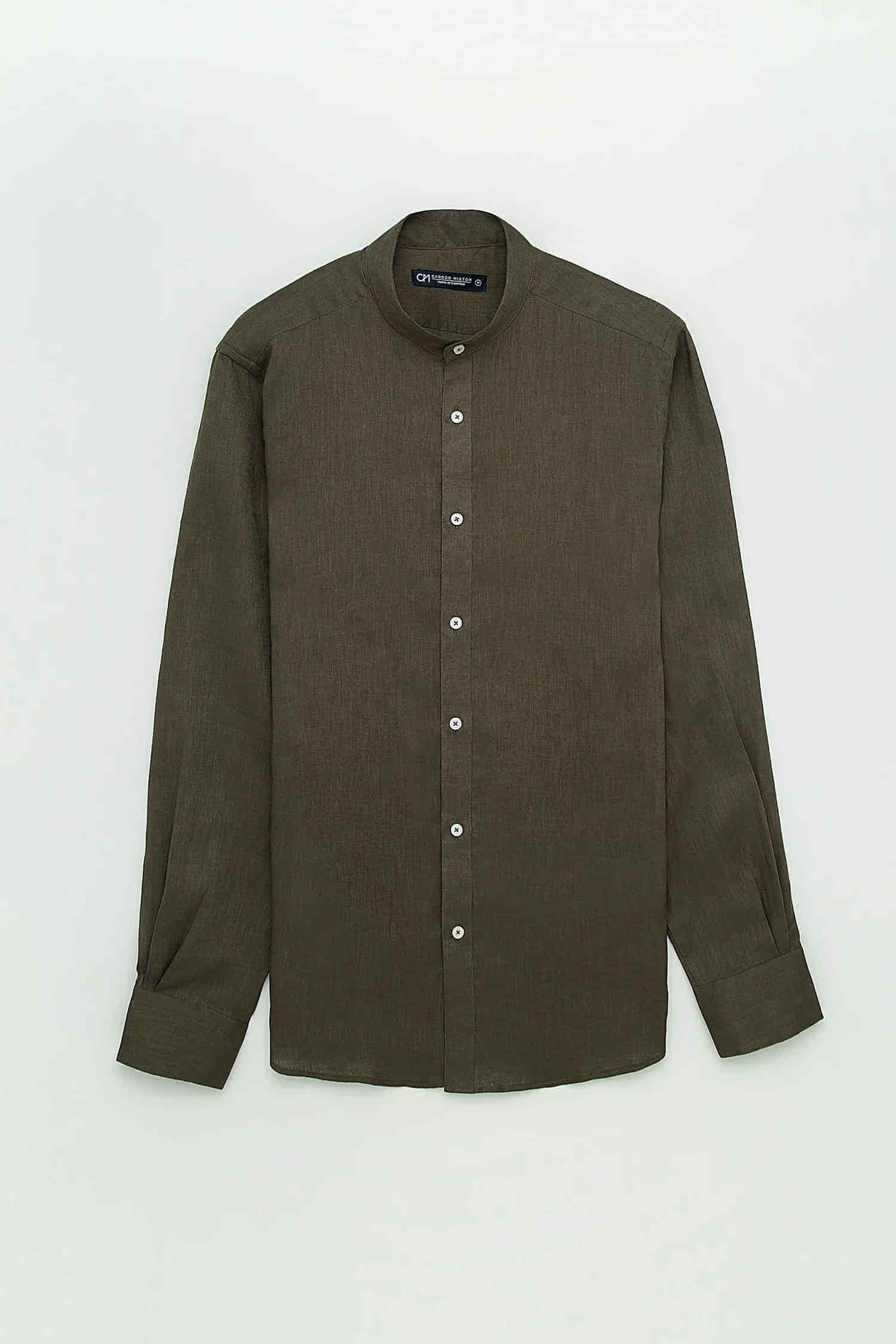 Camisa Cuello Mao Lino Verde Oliva - miniatura 1