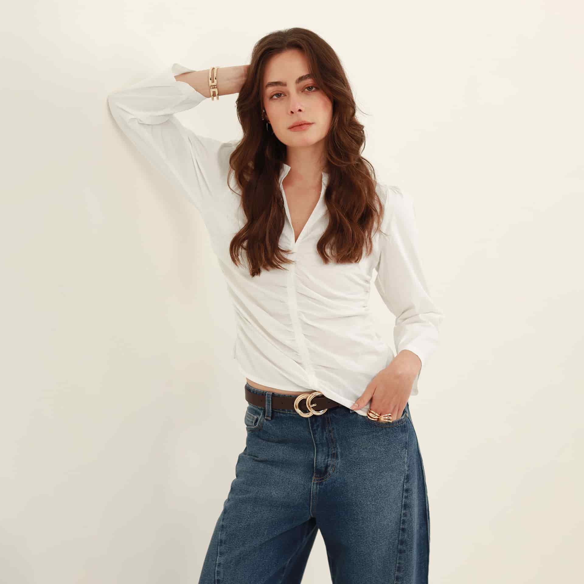 Blusa con recogido cuello en v manga 3/4 - miniatura 1