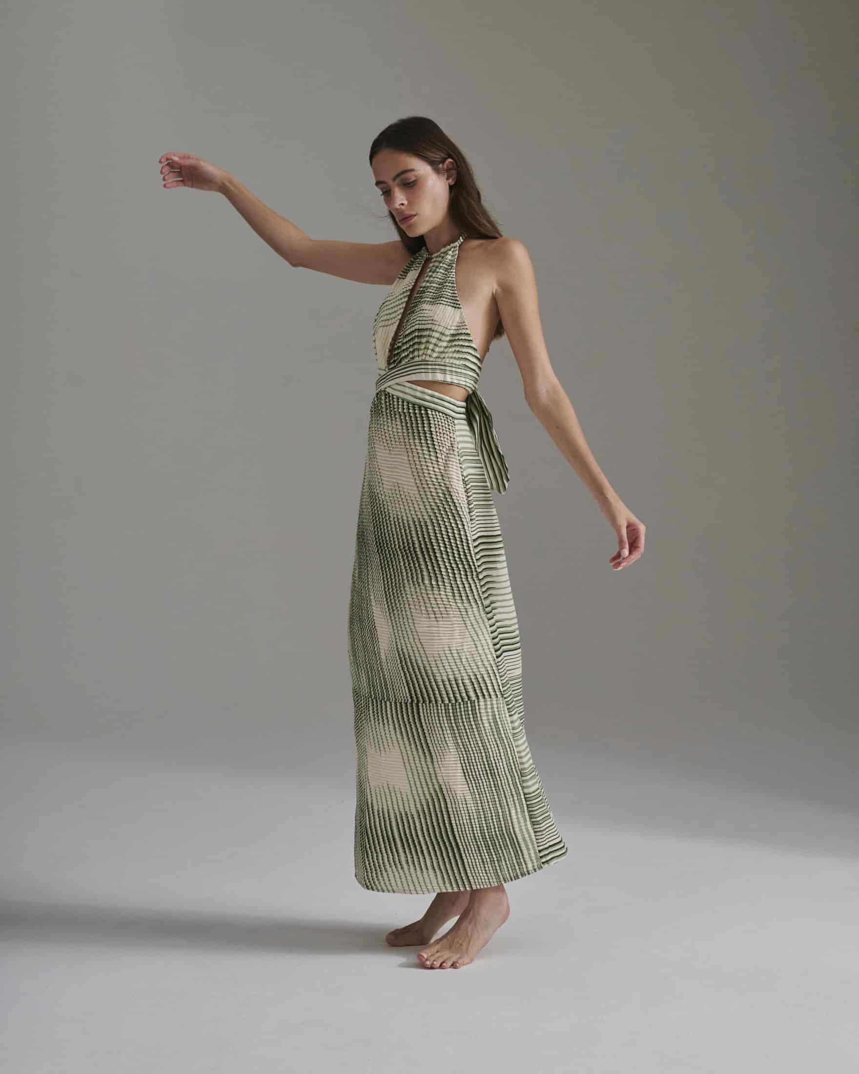 San Agustin Pleated Linen Midi Dress / Green Stripes - miniatura 3