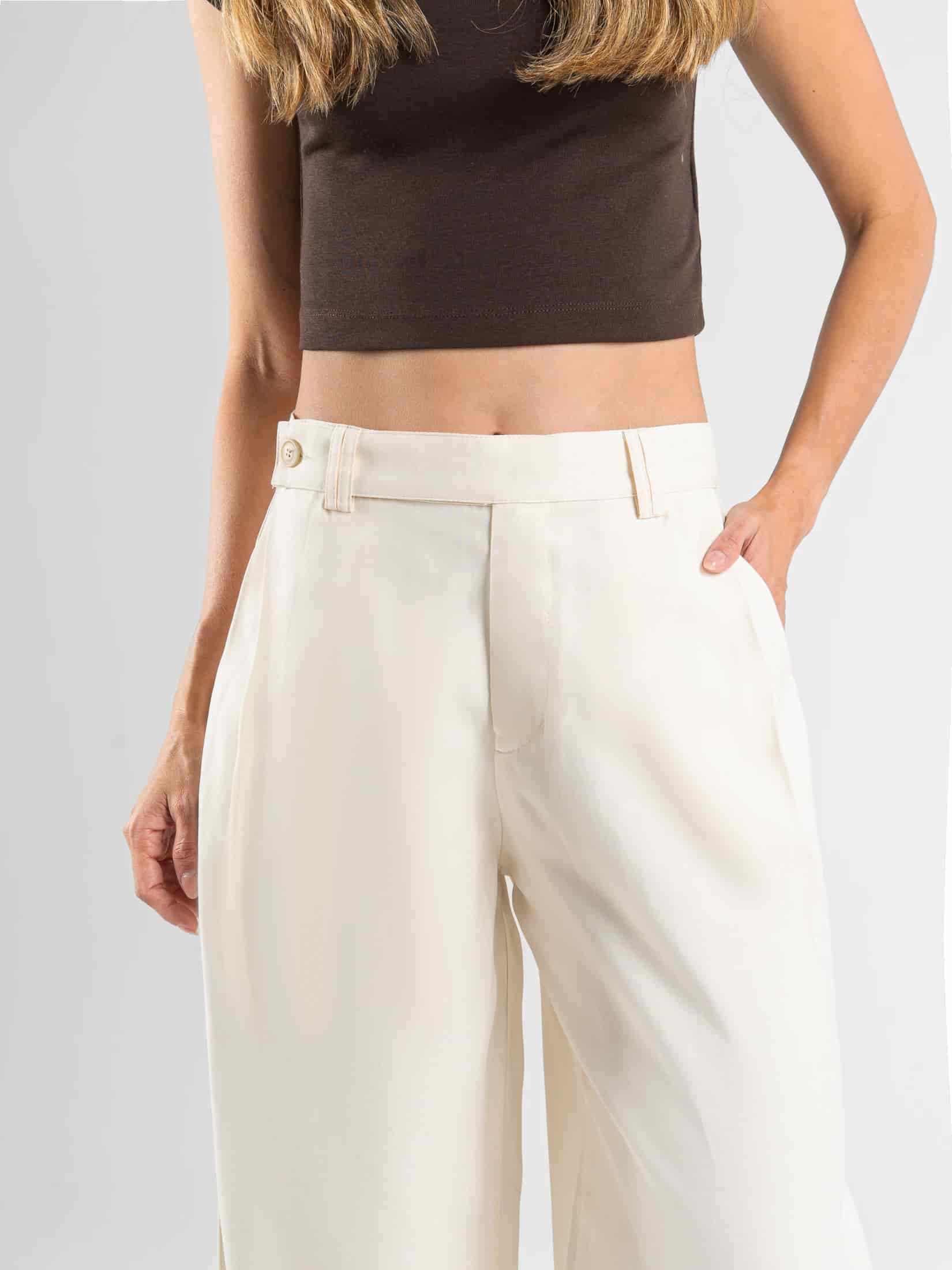 Ref: 0620599 Pantalón palazzo, tono beige, tejido plano liviano, detalle pretina, tiro alto - miniatura 4