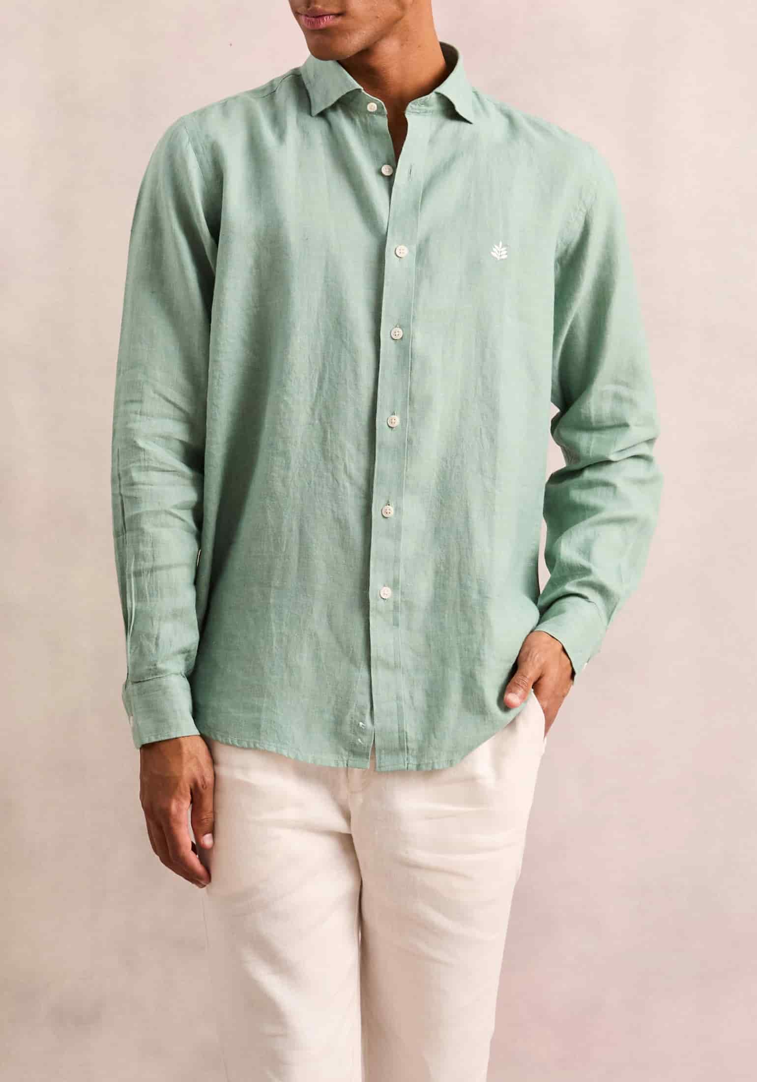 Camisa Lino Cuello Francés Verde Medio L-Bla - miniatura 4