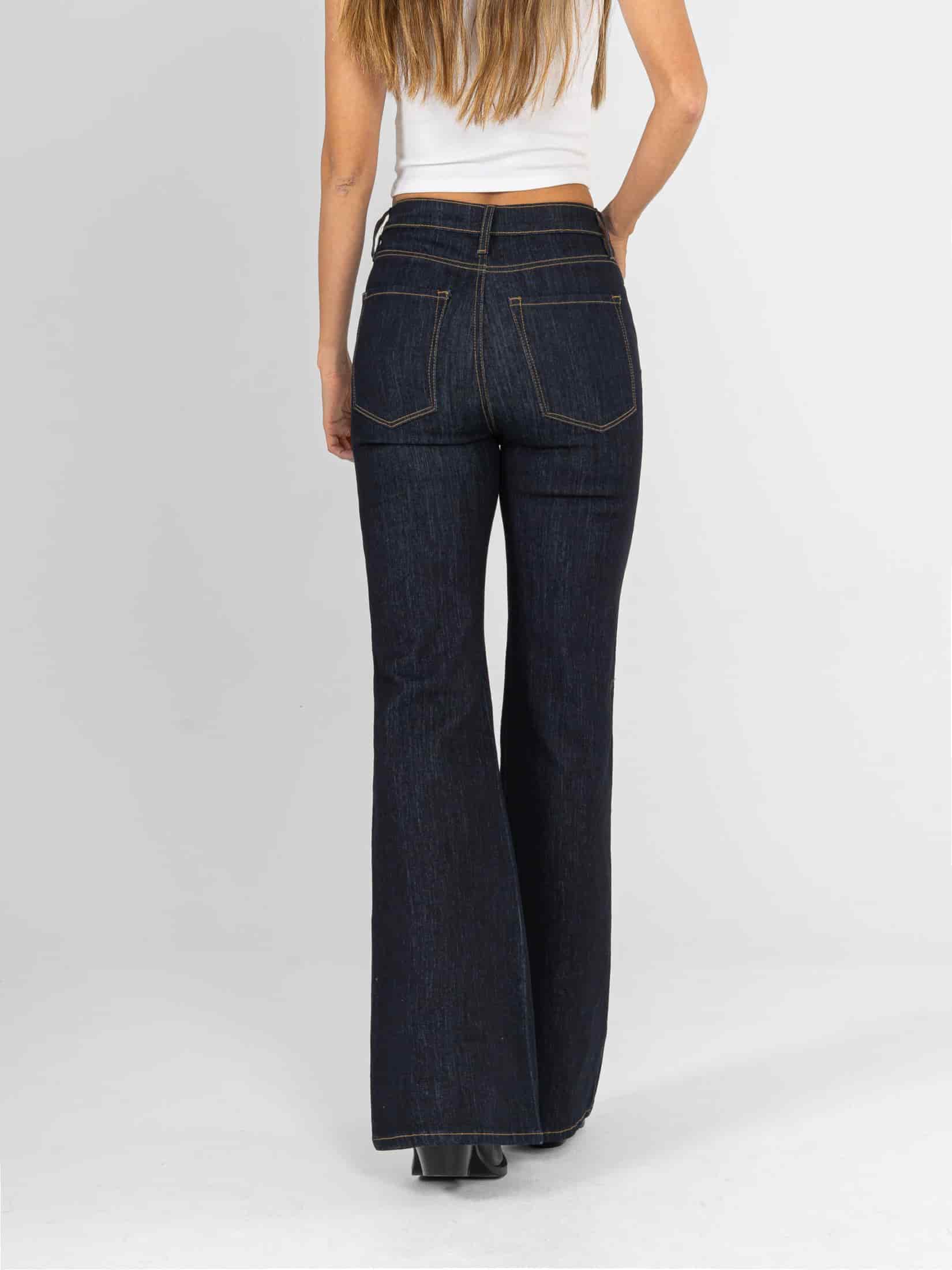 Ref: 066319 Jean flare stretch, bota ancha, tiro alto, tono azul oscuro, detalle en pretina - miniatura 2