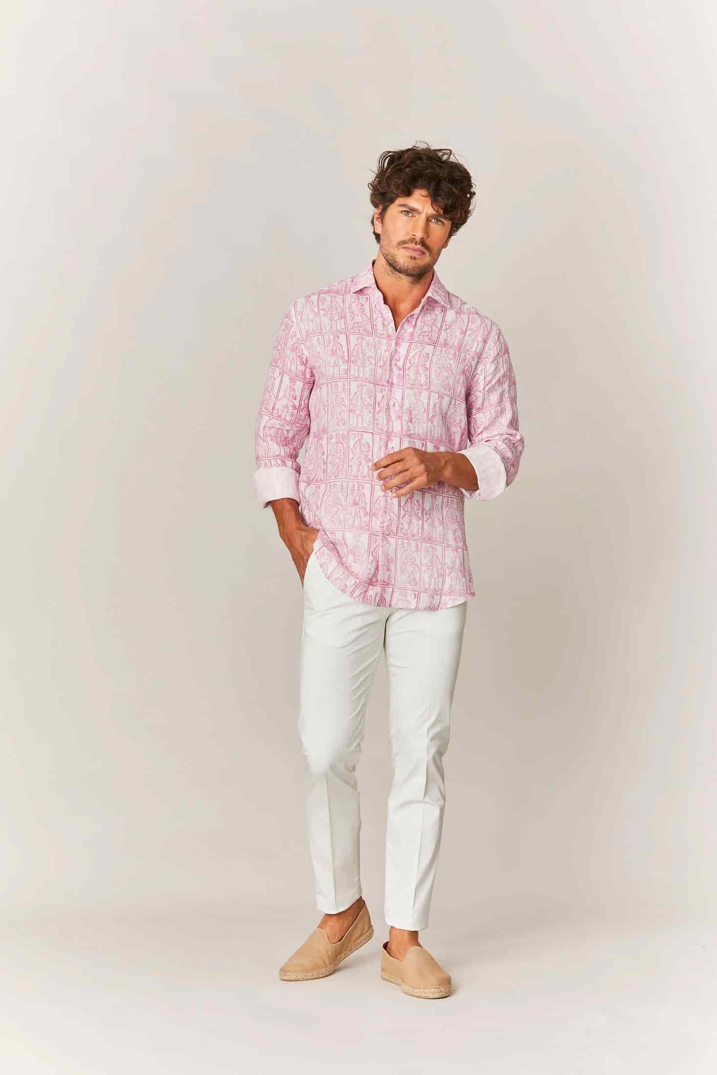 Men's linen shirt pink cards - miniatura 4
