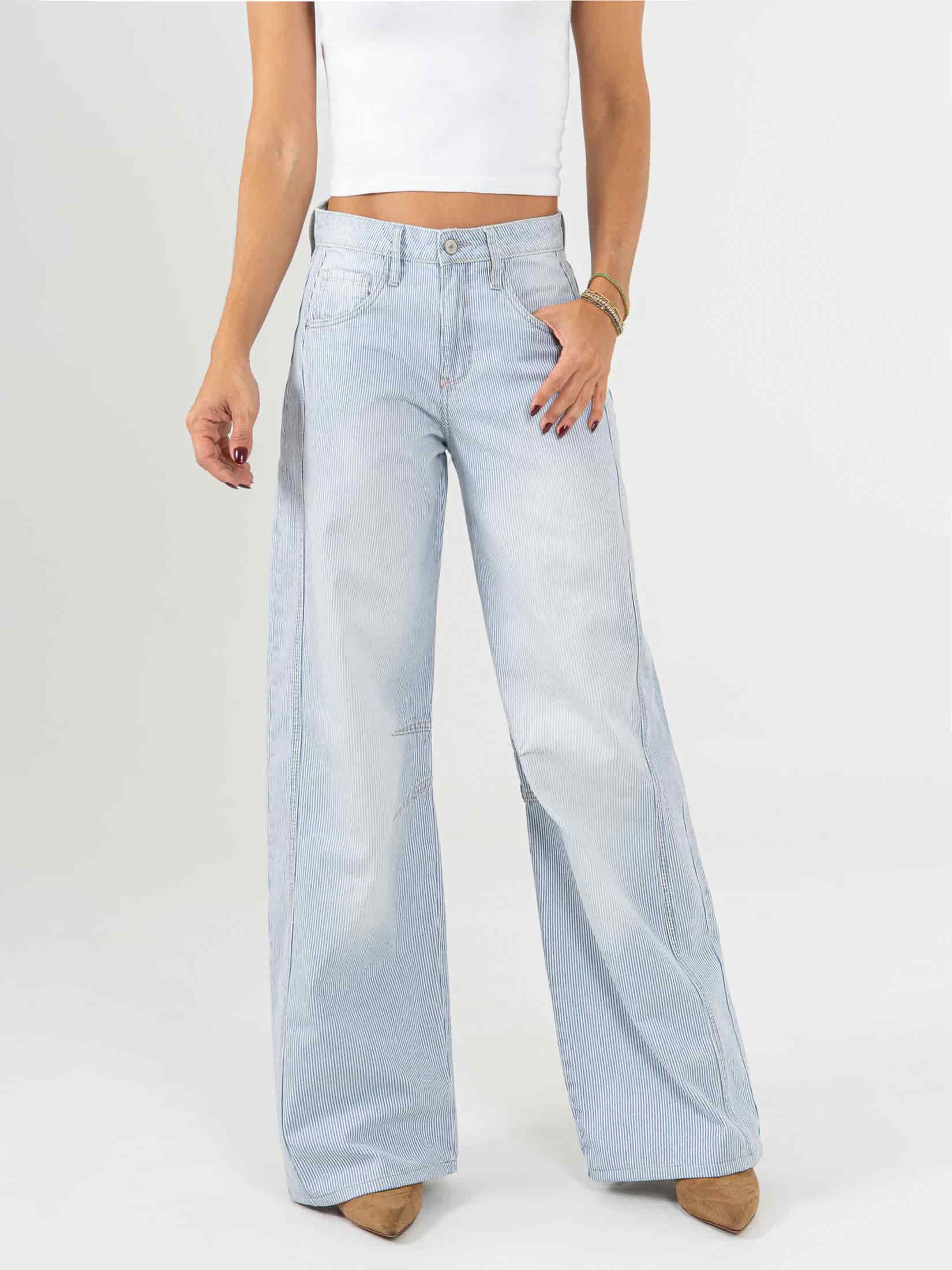 Ref: 066089 Jean wide leg, rayas, rígido, tiro alto, tono azul, pinzas en pierna - miniatura 1