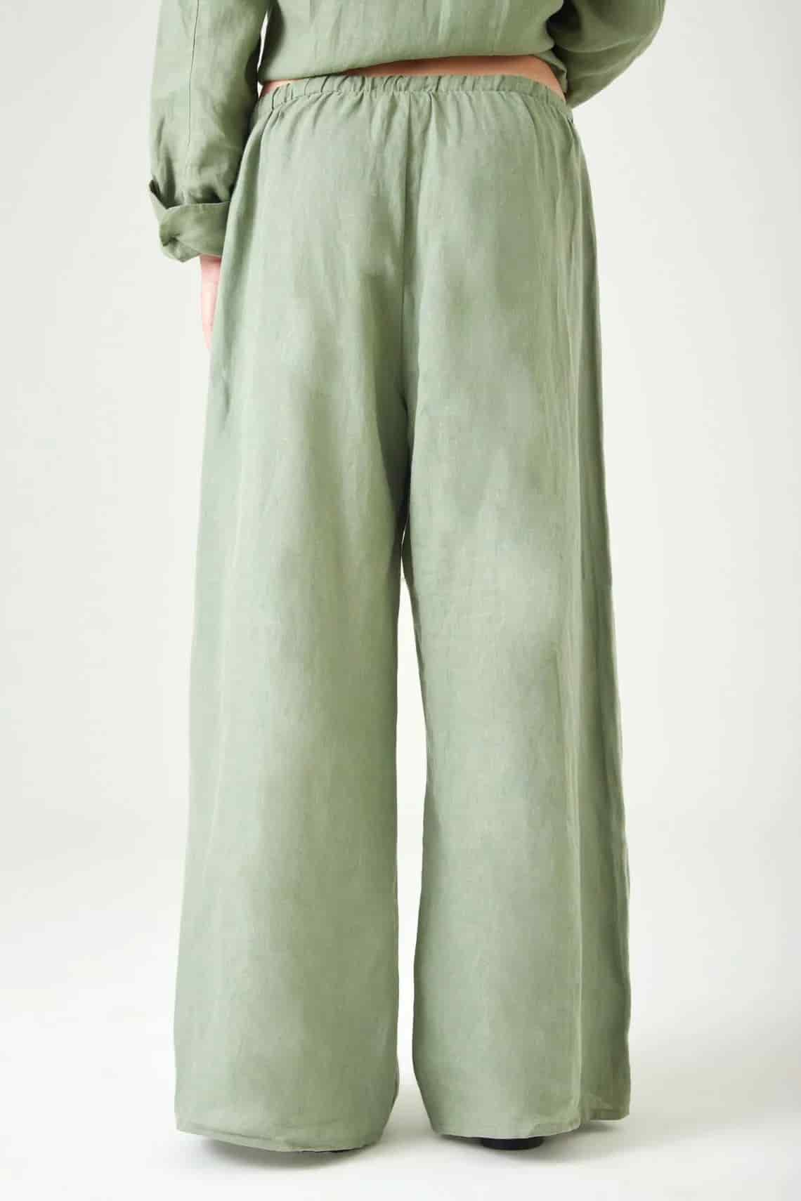 Pantalón pierna ancha con pretina elástica en lino verde salvia para mujer - miniatura 5