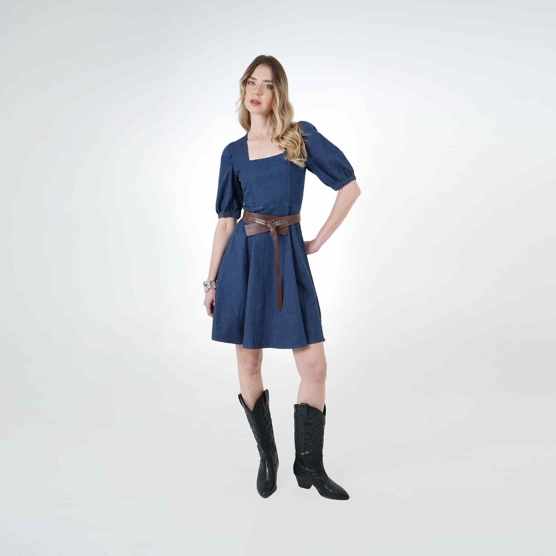 Vestido midi en denim cuello cuadrado mangas globo - miniatura 5