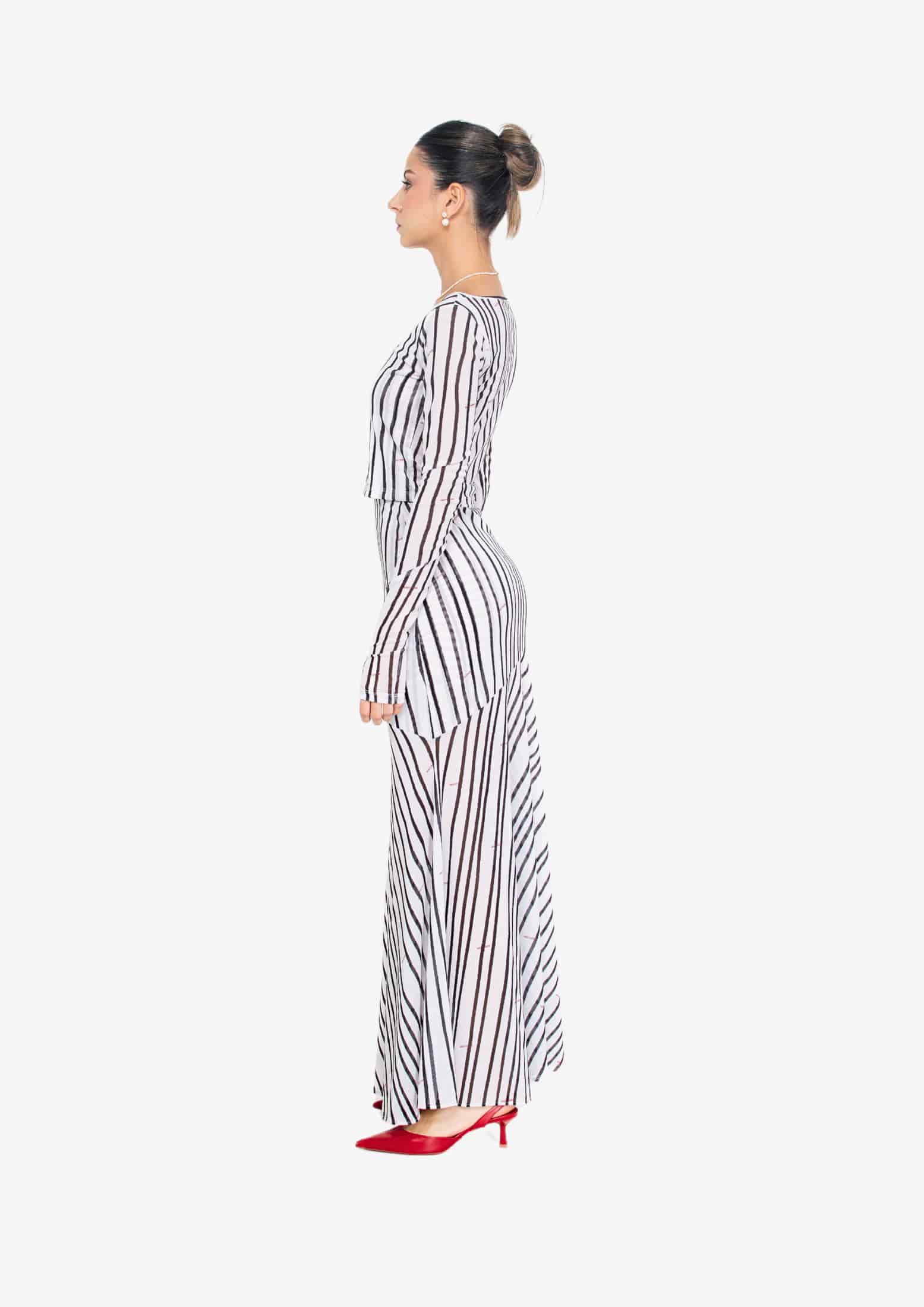 White Stripes Mesh Long Sleeve Blouse - miniatura 5
