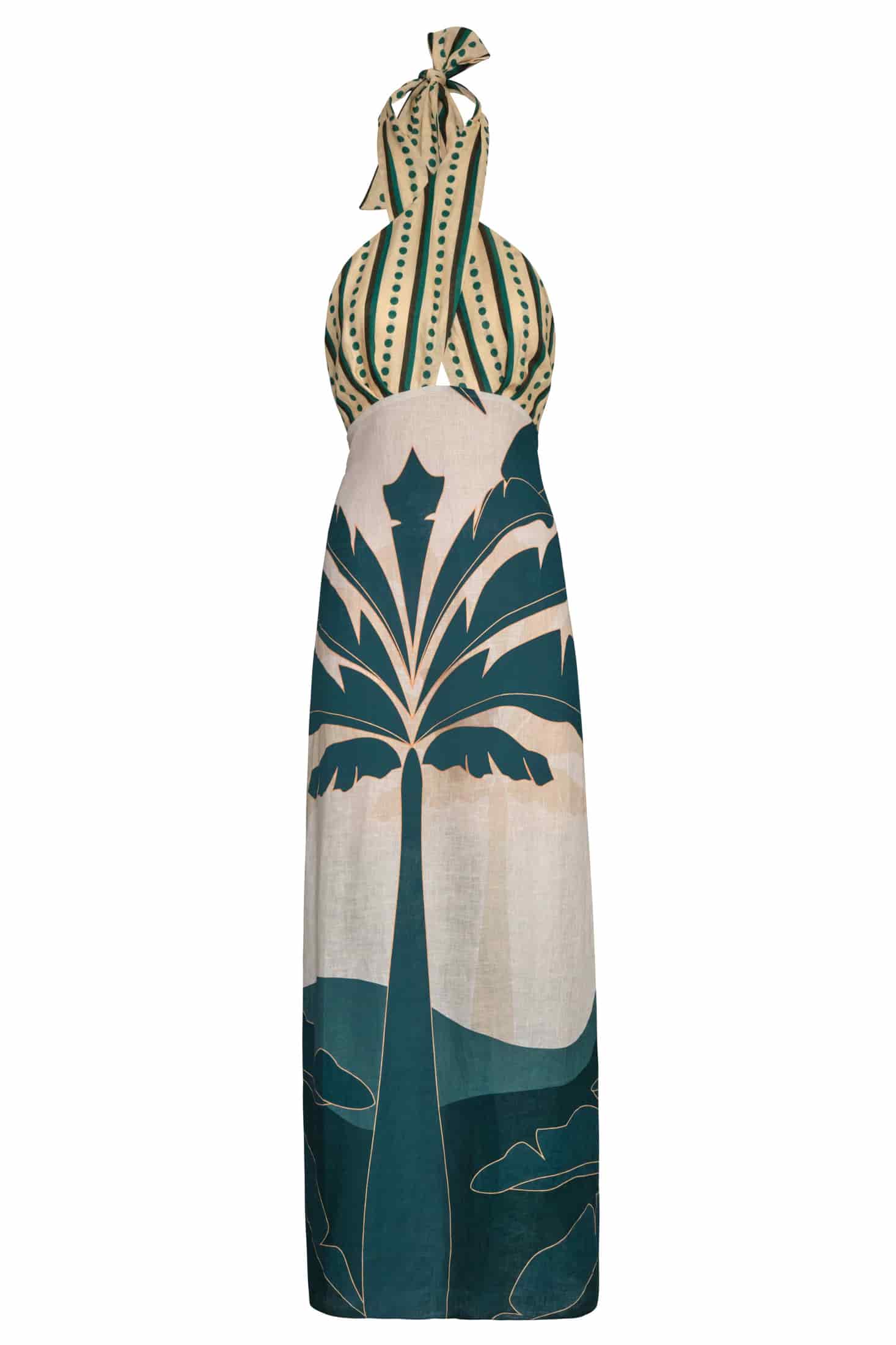 Costa del Sol Linen Midi Dress / Aquamarine Palms - Green Stripes - miniatura 1
