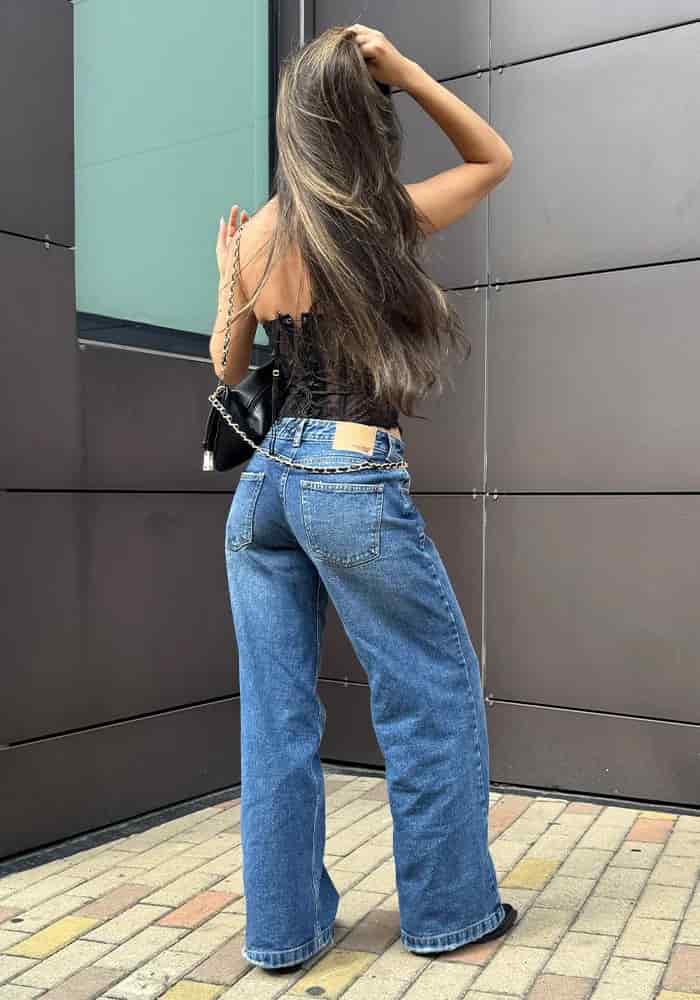 Jean Rígido Wide Leg Baggy para Mujer Tono Azul Medio Oscuro Tiro Bajo - miniatura 7