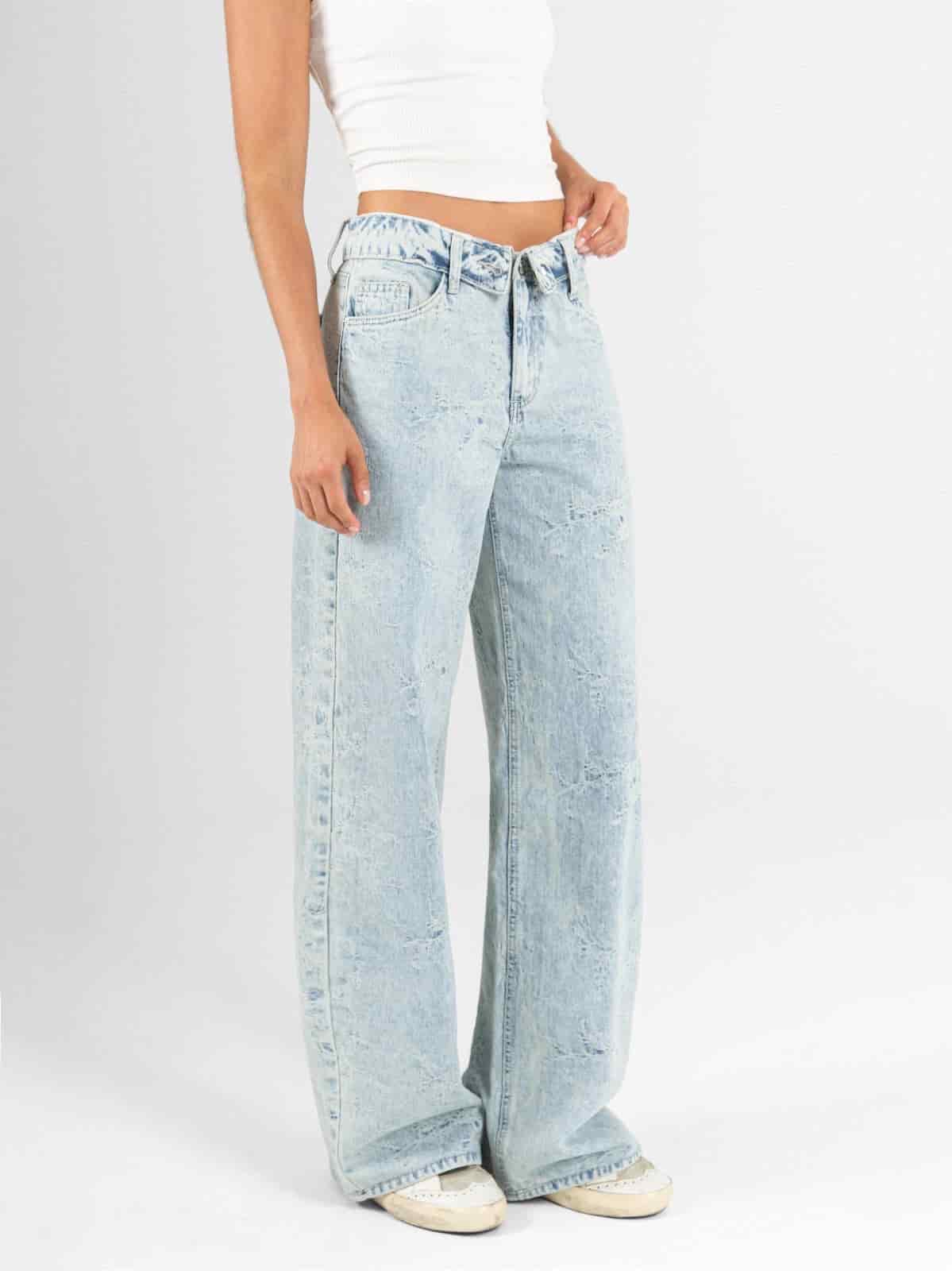 Ref: 066532 Jean wide leg, rígido, tiro medio, detalle en pretina, tono azul claro - miniatura 3