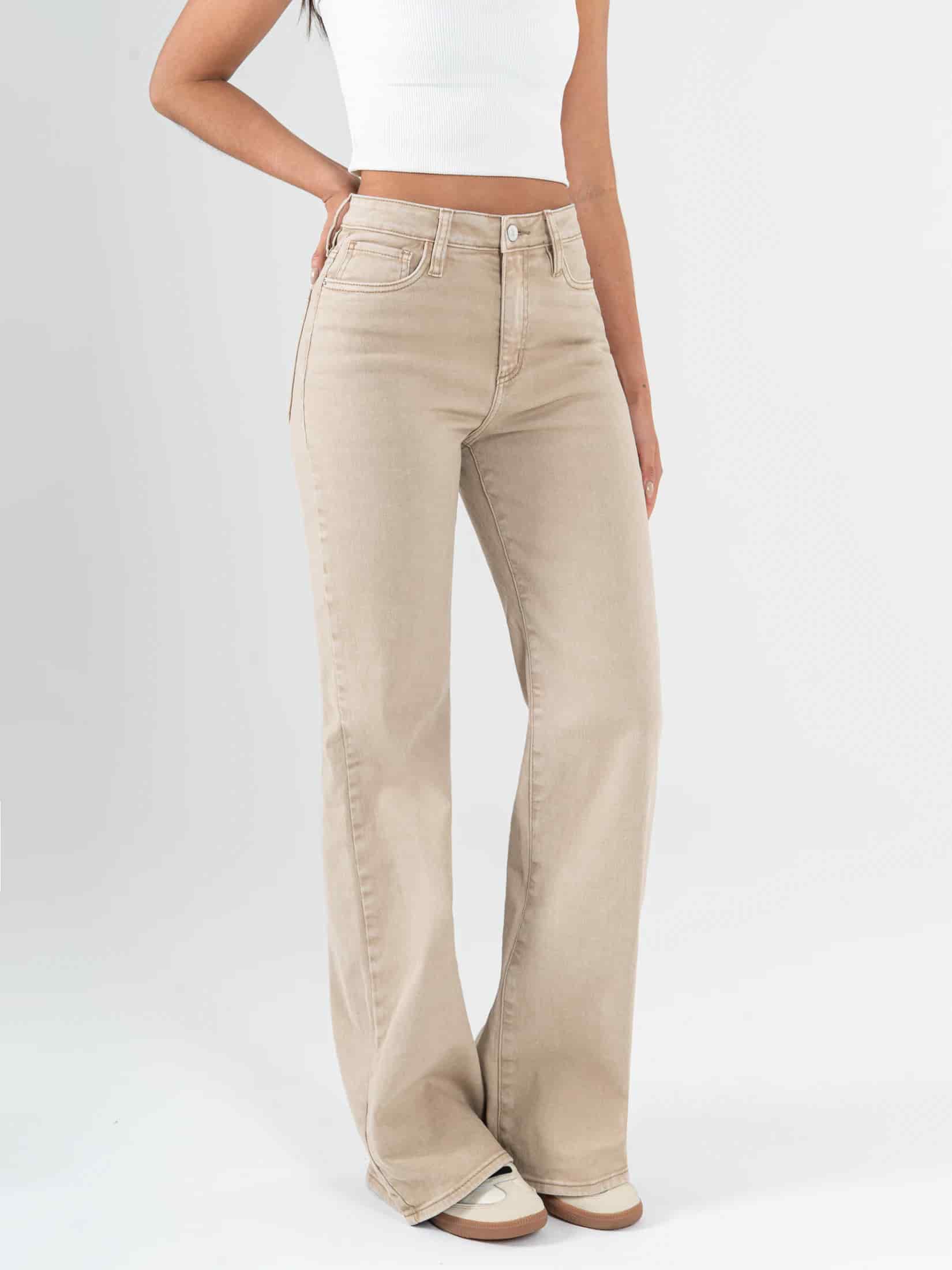 Ref: 069843 Pantalón palazzo stretch, tiro alto, tono caqui - miniatura 3