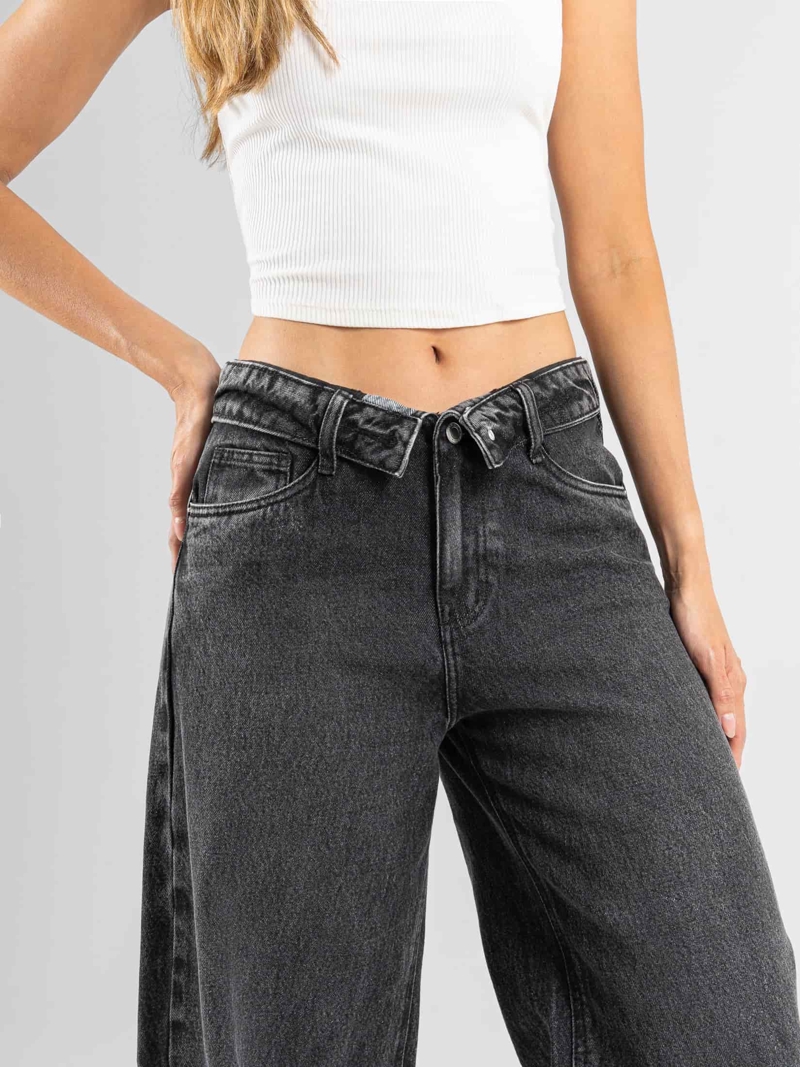 Ref: 066531 Jean wide leg, rígido, tiro medio, detalle en pretina, tono gris medio - miniatura 3