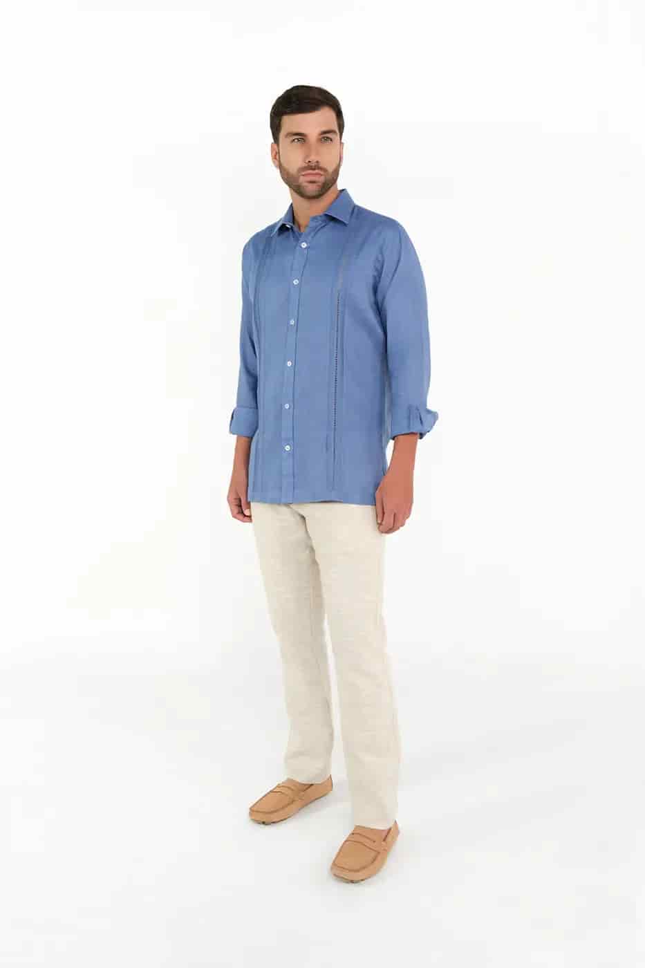 Guayabera Classic Fit 100% Lino Azul Indigo - miniatura 2