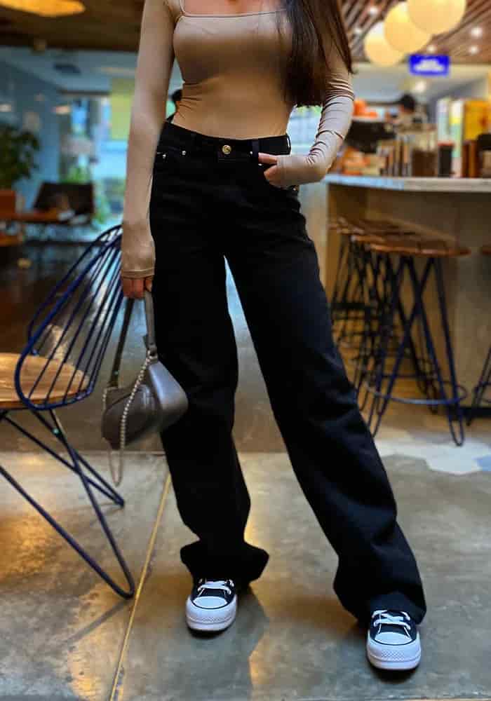 Jean Rigido Wide Leg Para Mujer Negro Mate New - miniatura 5