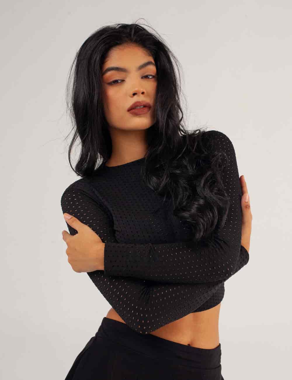 Crop Top Manga Larga NIGHT negro Mujer - miniatura 3