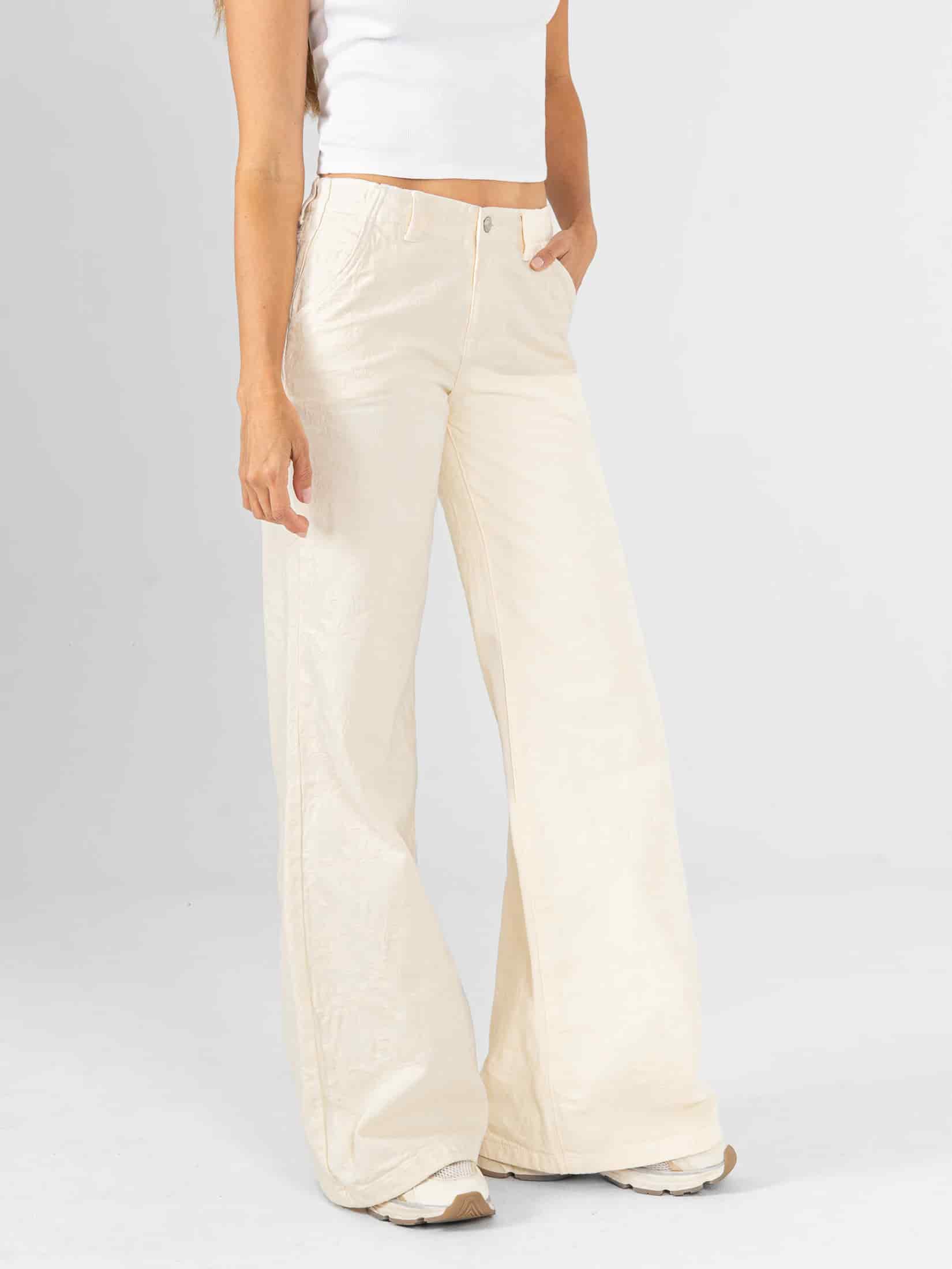 Ref: 0620448 Pantalón palazzo, tiro medio, detalle de tela bordada, pretina resortada, tono beige - miniatura 1