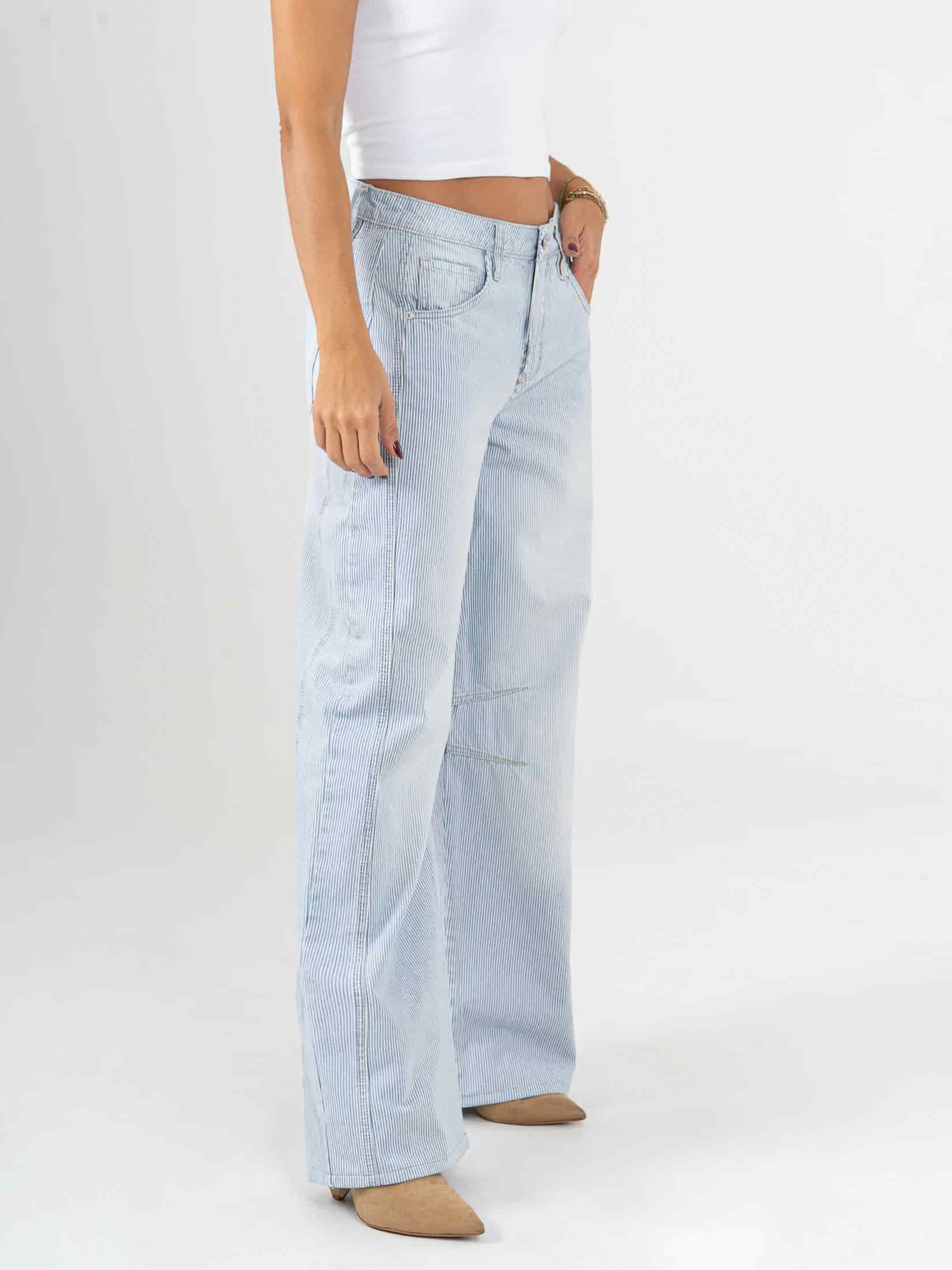 Ref: 066089 Jean wide leg, rayas, rígido, tiro alto, tono azul, pinzas en pierna - miniatura 2
