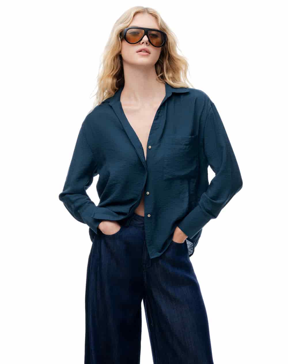 Camisa regular manga larga azul mujer - miniatura 3