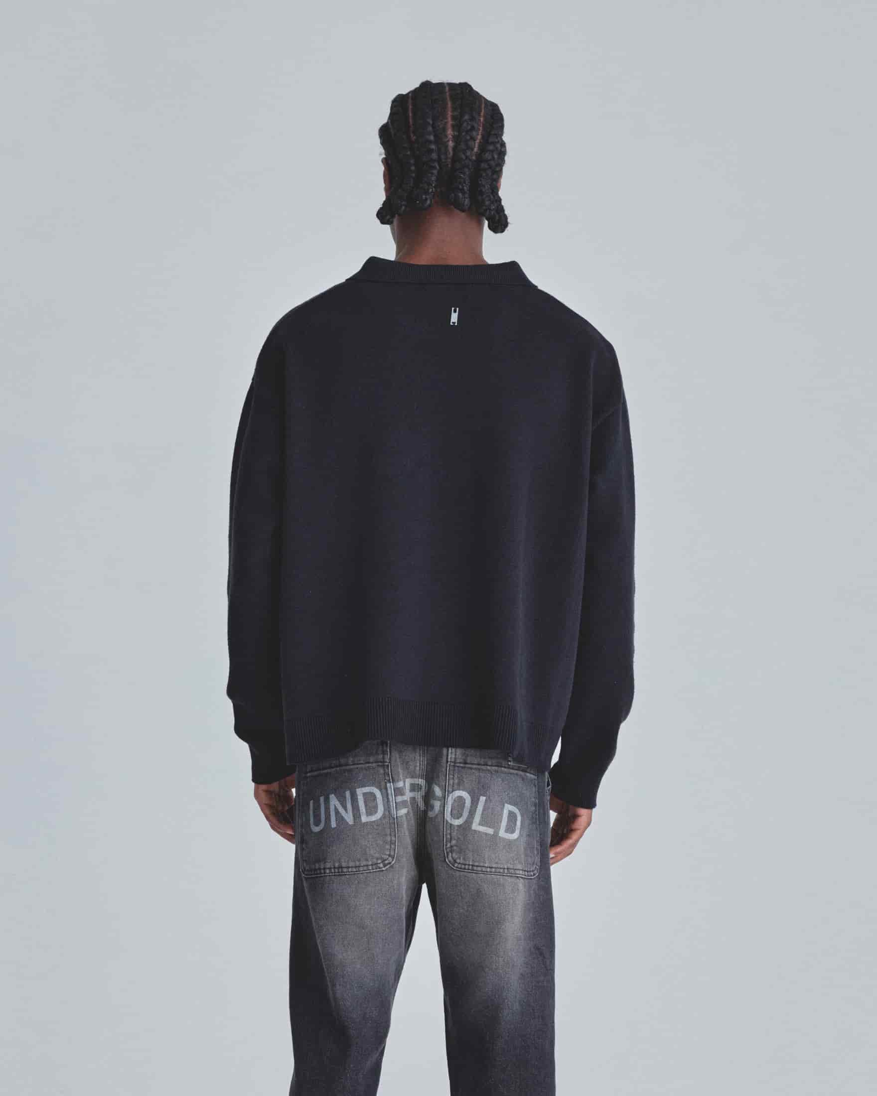 Line Knit Zip Up Long Sleeve Polo Shirt Black - miniatura 7