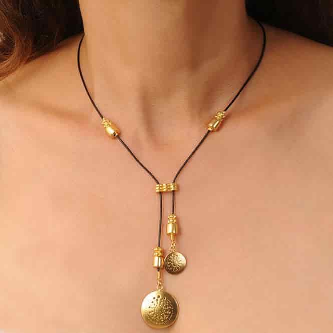 Collar Cuero Negro Corbata dos Dijes Pequeños Pectoral Muisca - miniatura 2