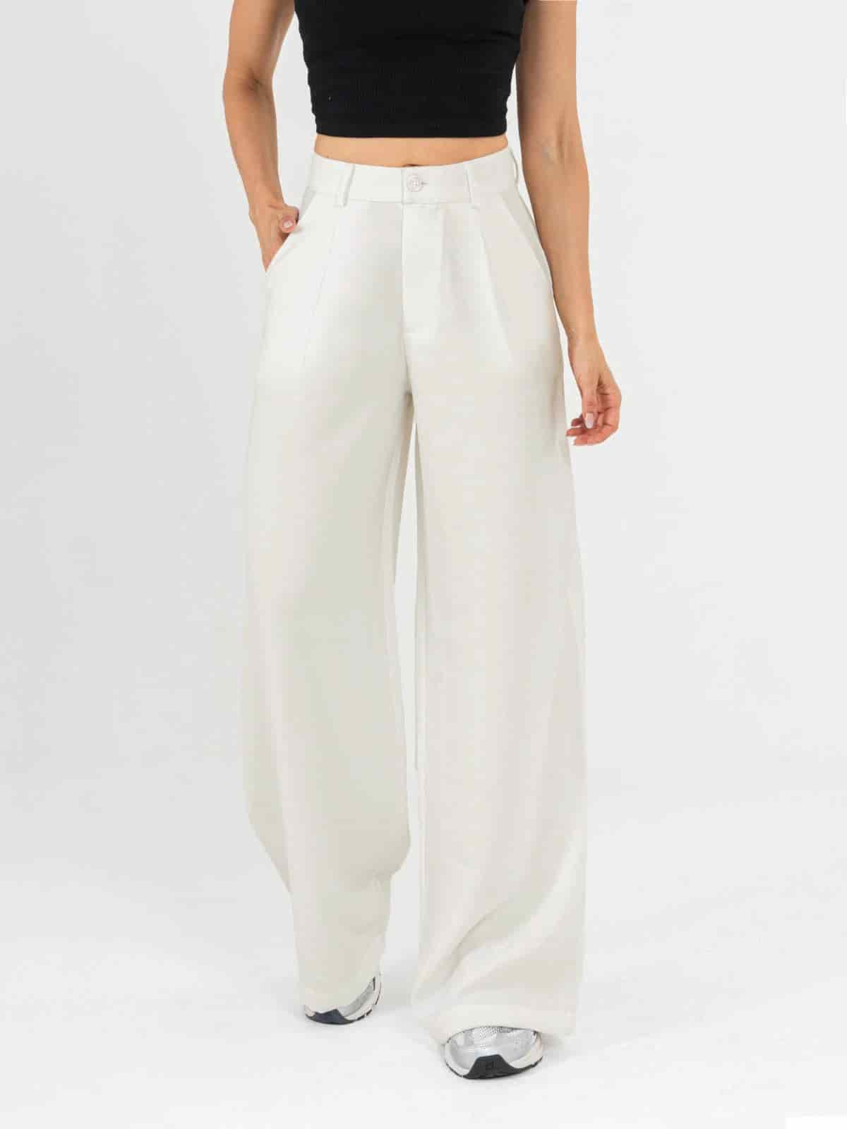 Ref: 0620453 Pantalón palazzo, prenses, tono ivory, tejido plano liviano, tiro alto - miniatura 1