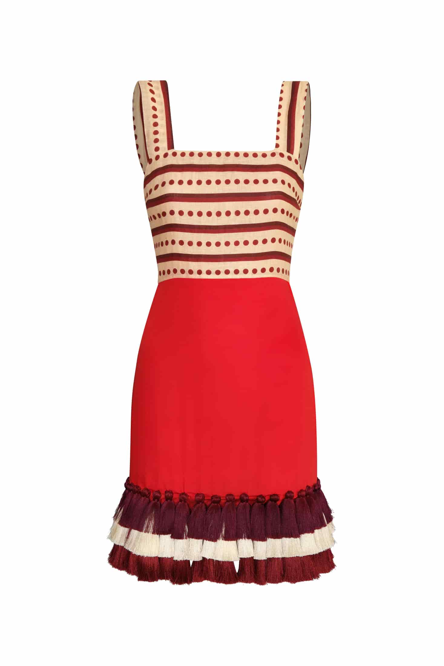 Micaela Linen Mini Dress / Red Stripes & Handmade Wine Tassels - miniatura 2