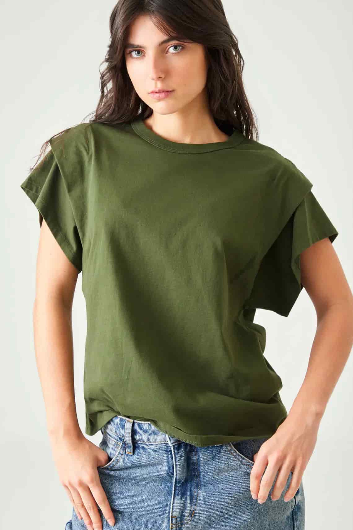 Camiseta relaxed fit bolero en hombro en verde oliva para mujer - miniatura 2