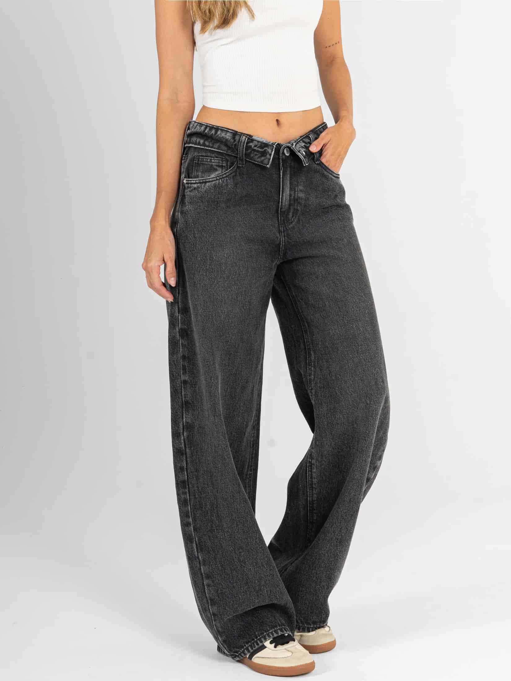 Ref: 066531 Jean wide leg, rígido, tiro medio, detalle en pretina, tono gris medio - miniatura 4