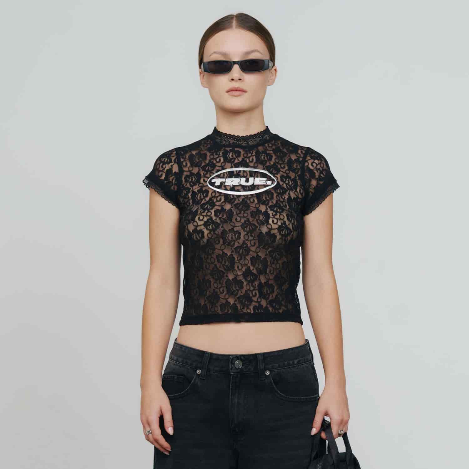 Floral Lace Baby Tee - Black - miniatura 2