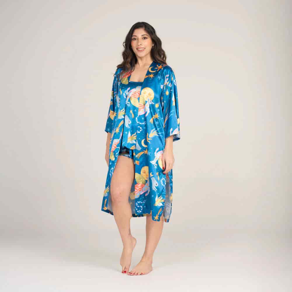 Kimono Manga 3/4 Satin con Estampado Alebrijes. - miniatura 1