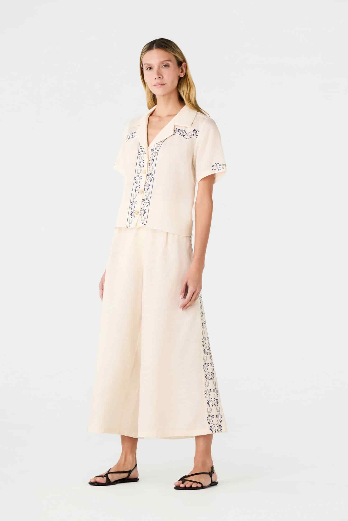 Jared Linen Capri Pants / Ivory Blue Horseshoes - miniatura 2