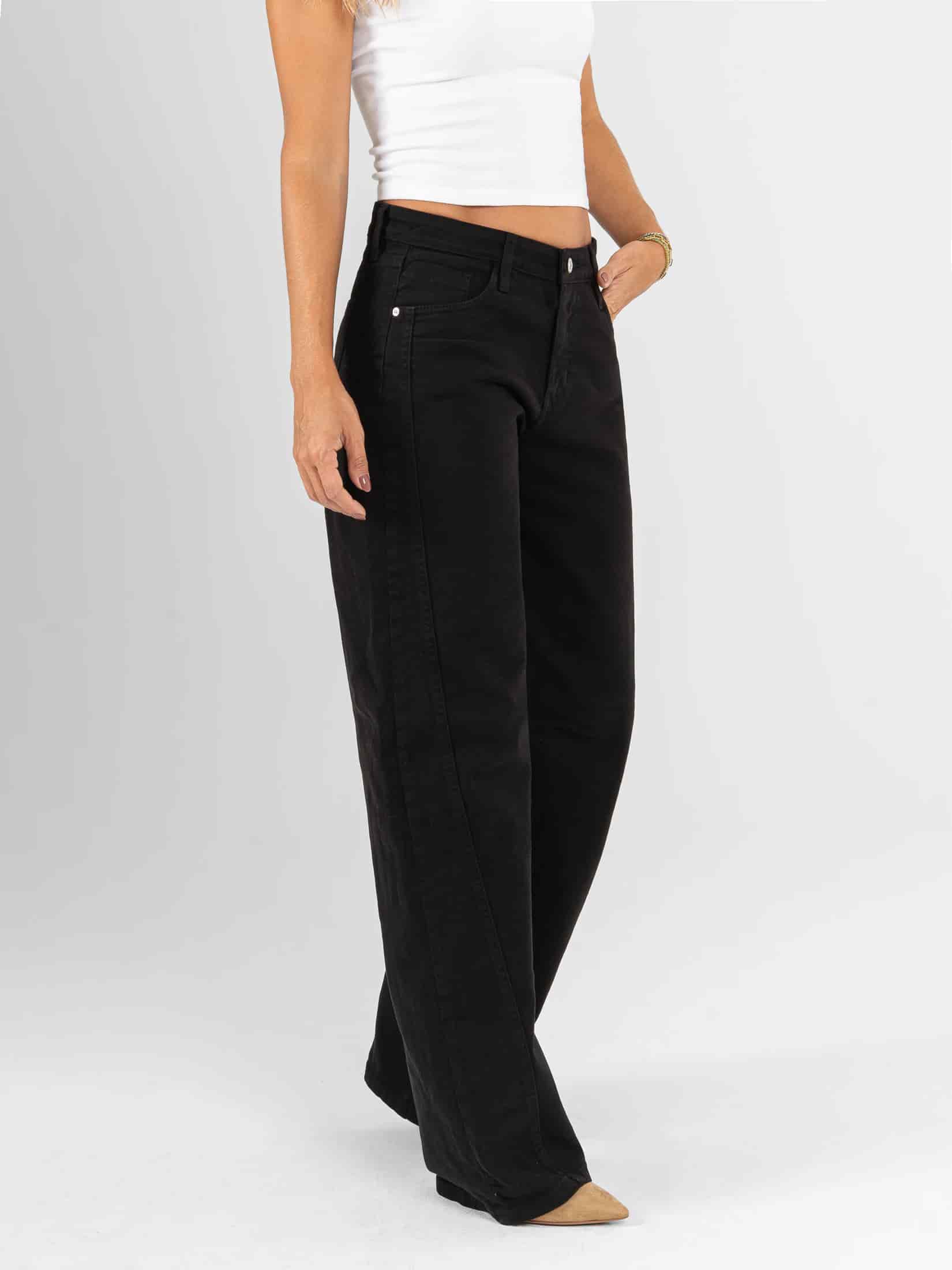 Ref: 0620617 Pantalón wide leg stretch, tiro alto, tono negro, corte en delantero - miniatura 2